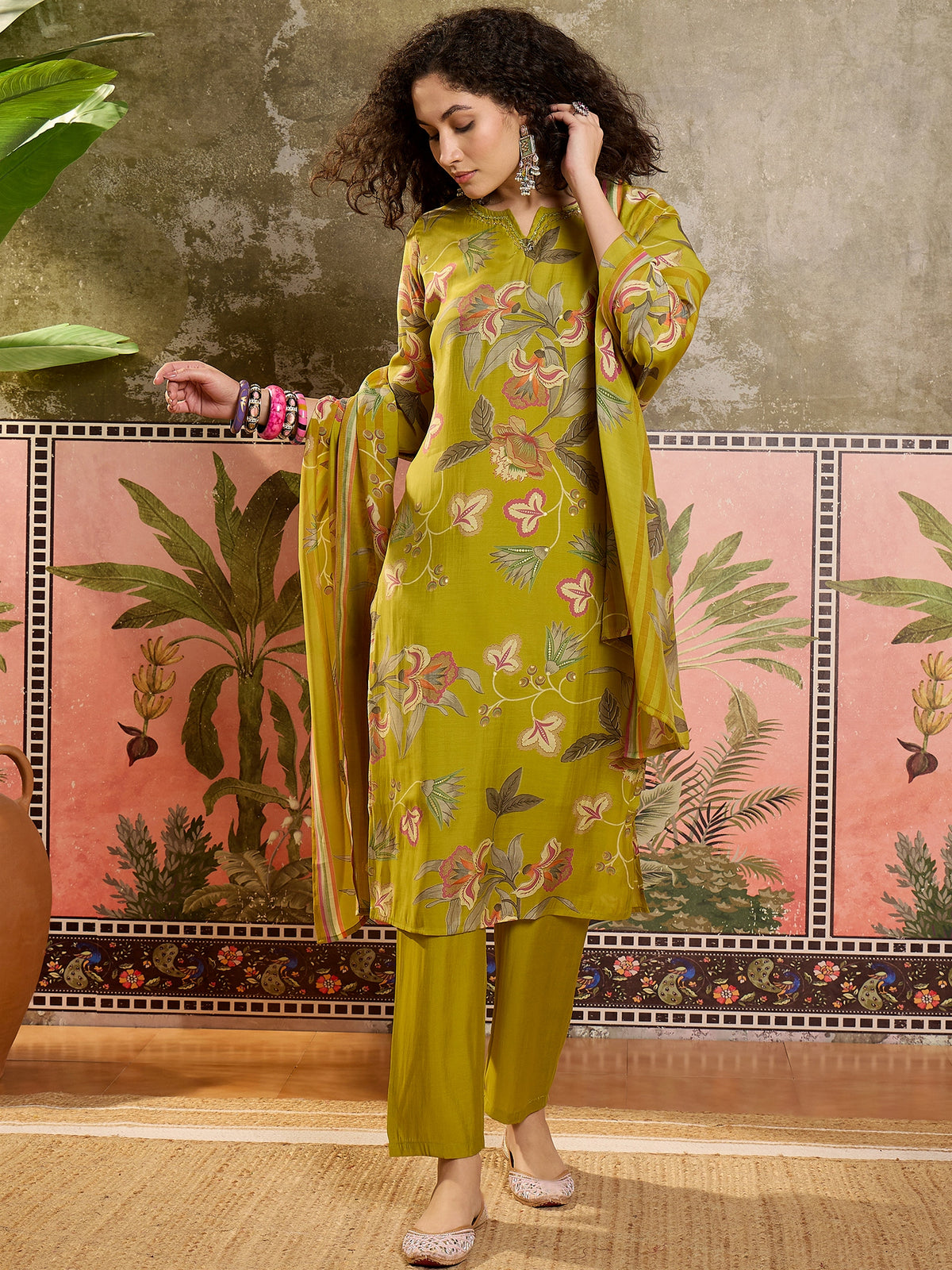 Women's Mustard Printed Round Neck Straight Poly Chanderi Kurta With Trousers & Dupatta Set