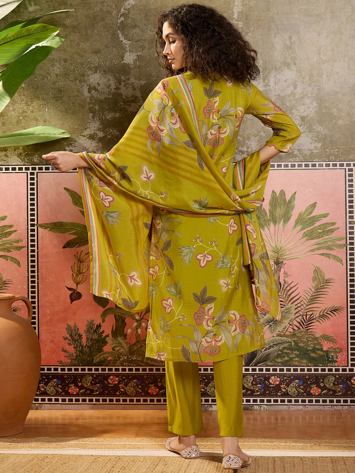 Women's Mustard Printed Round Neck Straight Poly Chanderi Kurta With Trousers & Dupatta Set
