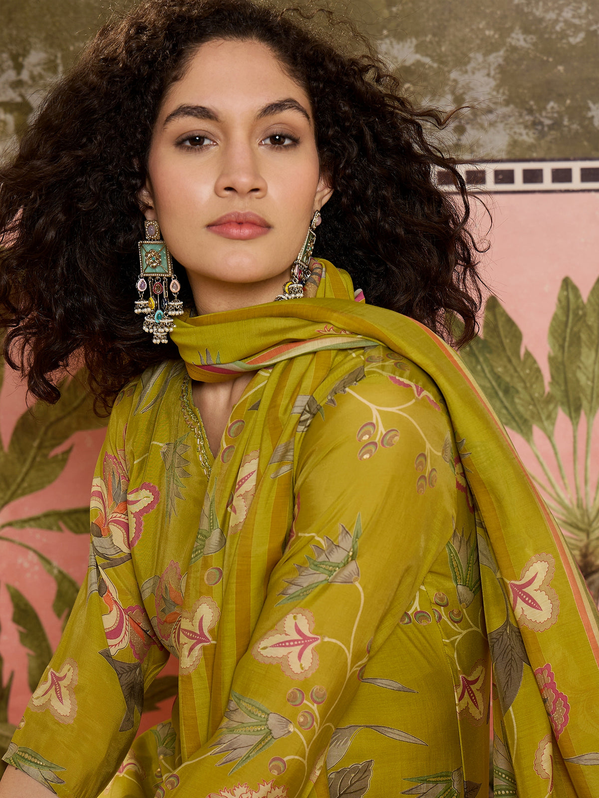Women's Mustard Printed Round Neck Straight Poly Chanderi Kurta With Trousers & Dupatta Set