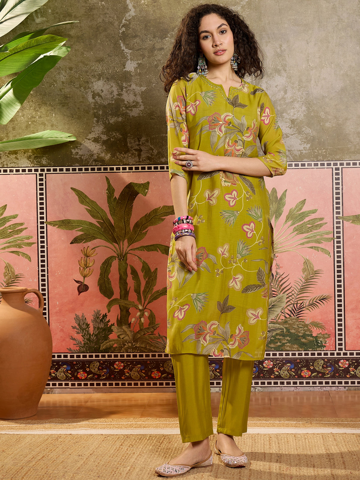 Women's Mustard Printed Round Neck Straight Poly Chanderi Kurta With Trousers & Dupatta Set