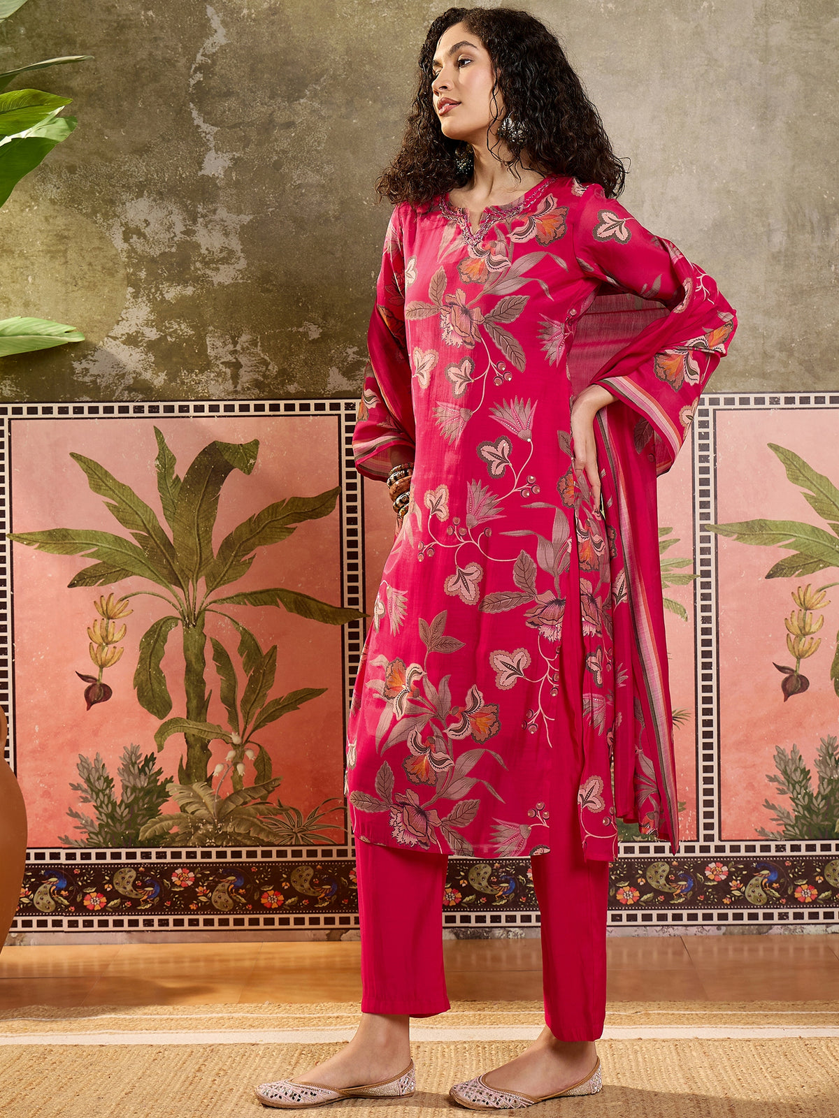 Women's Rani Printed Round Neck Straight Poly Chanderi Kurta With Trousers & Dupatta Set