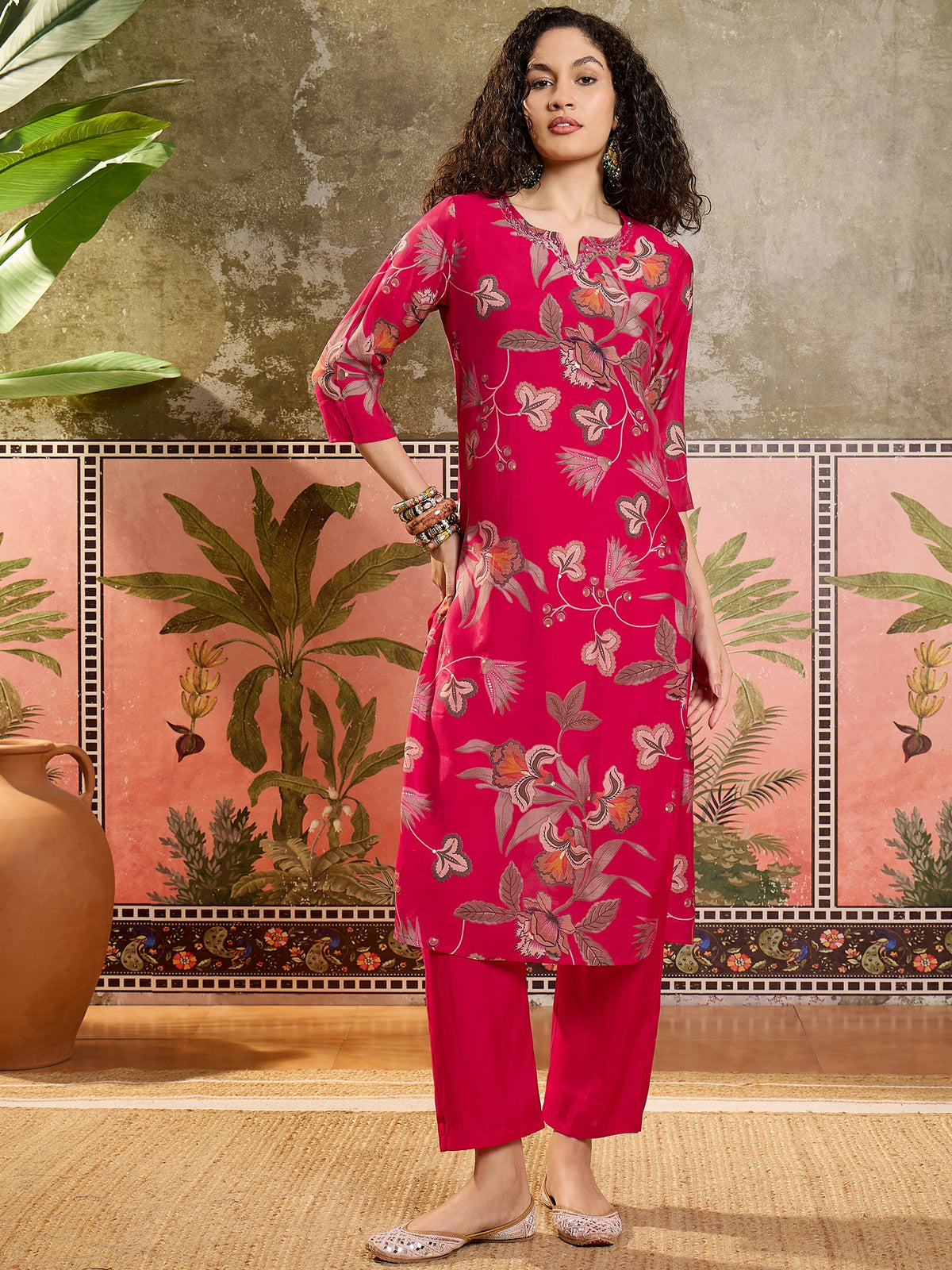 Women's Rani Printed Round Neck Straight Poly Chanderi Kurta With Trousers & Dupatta Set