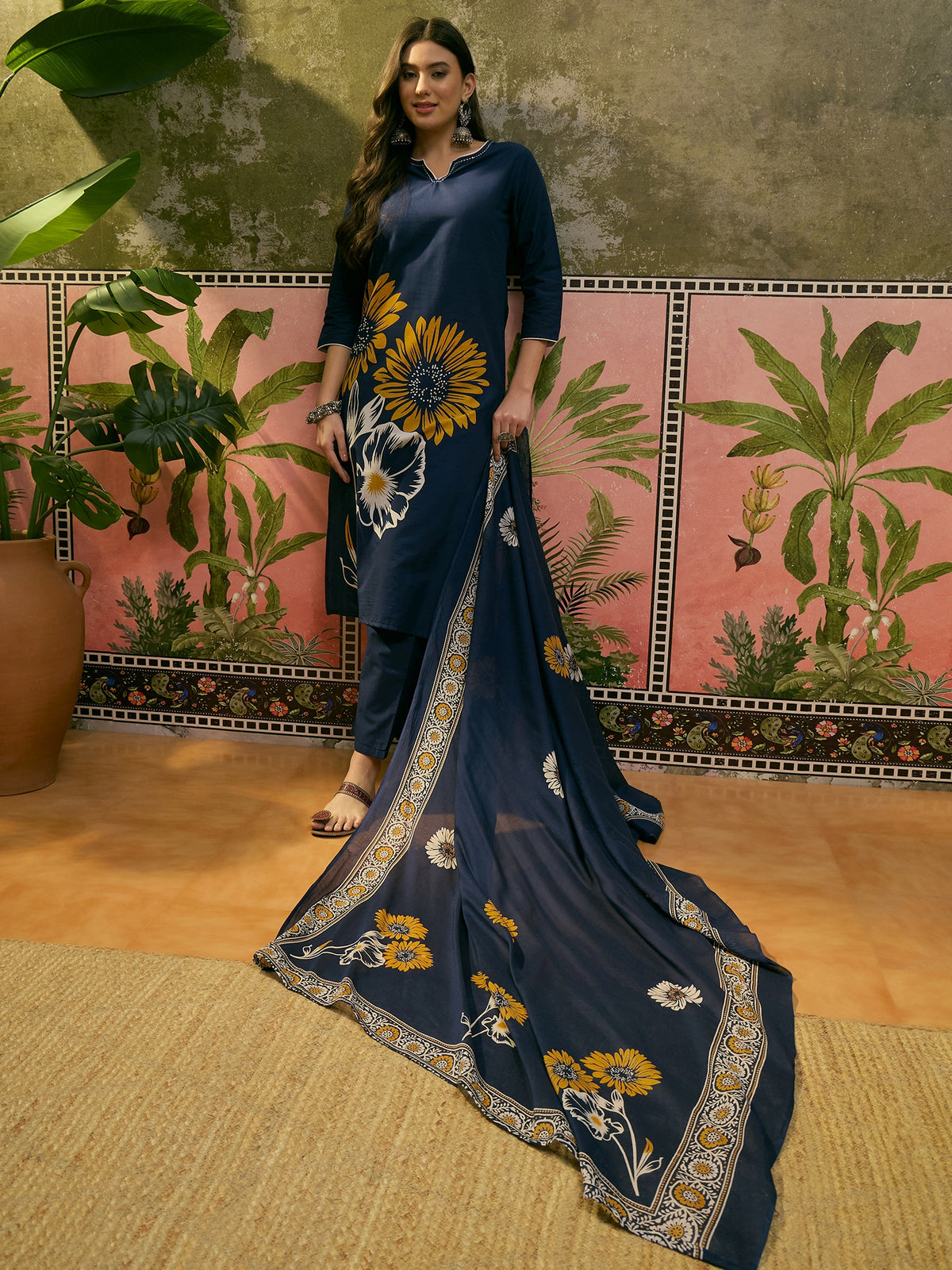 Women's Blue Cotton Floral Print Round Neck Kurta & Trousers With Dupatta Set