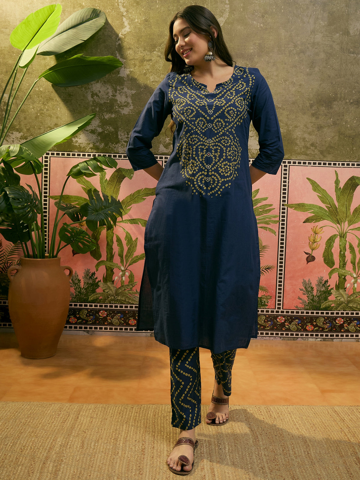 Women's Teal Blue Cotton Printed Kurta & Trousers With Dupatta Set