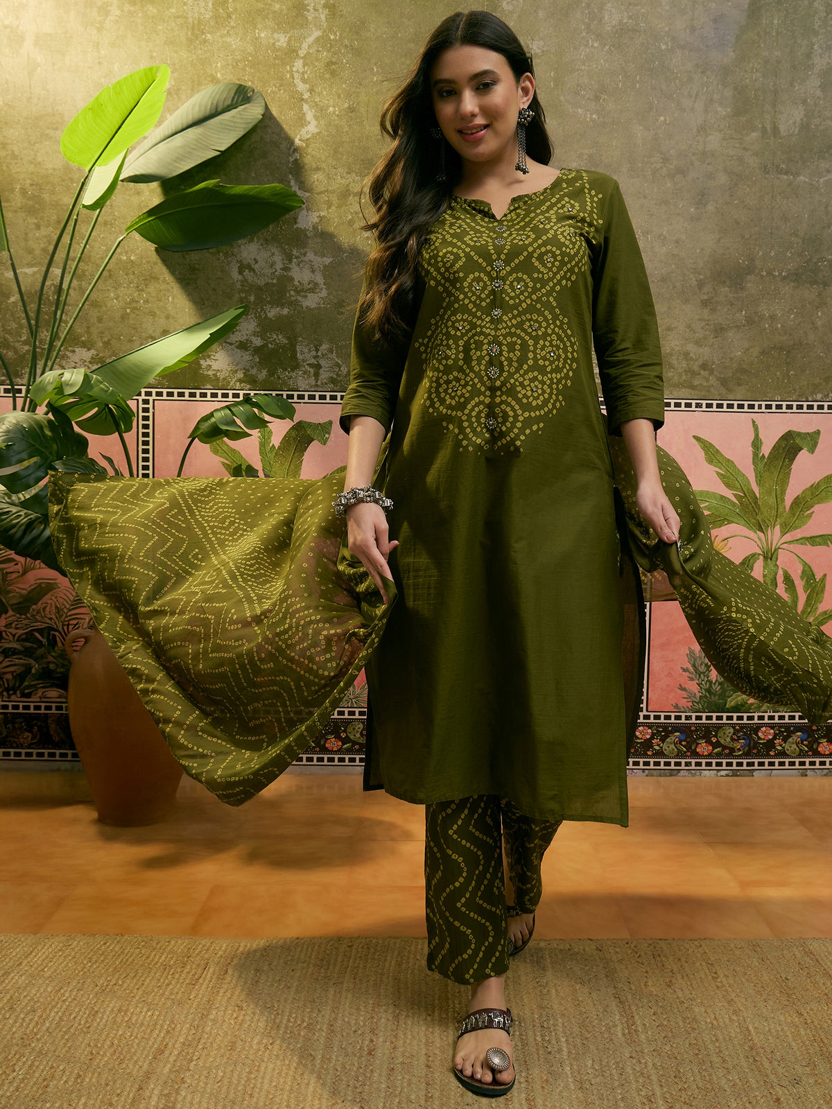 Women's Olive Green Cotton Printed Kurta & Trousers With Dupatta Set