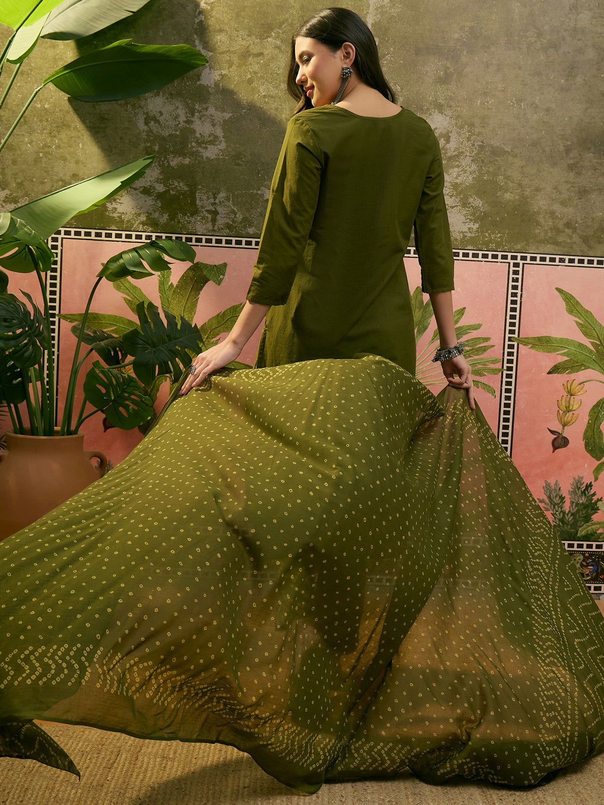 Women's Olive Green Cotton Printed Kurta & Trousers With Dupatta Set
