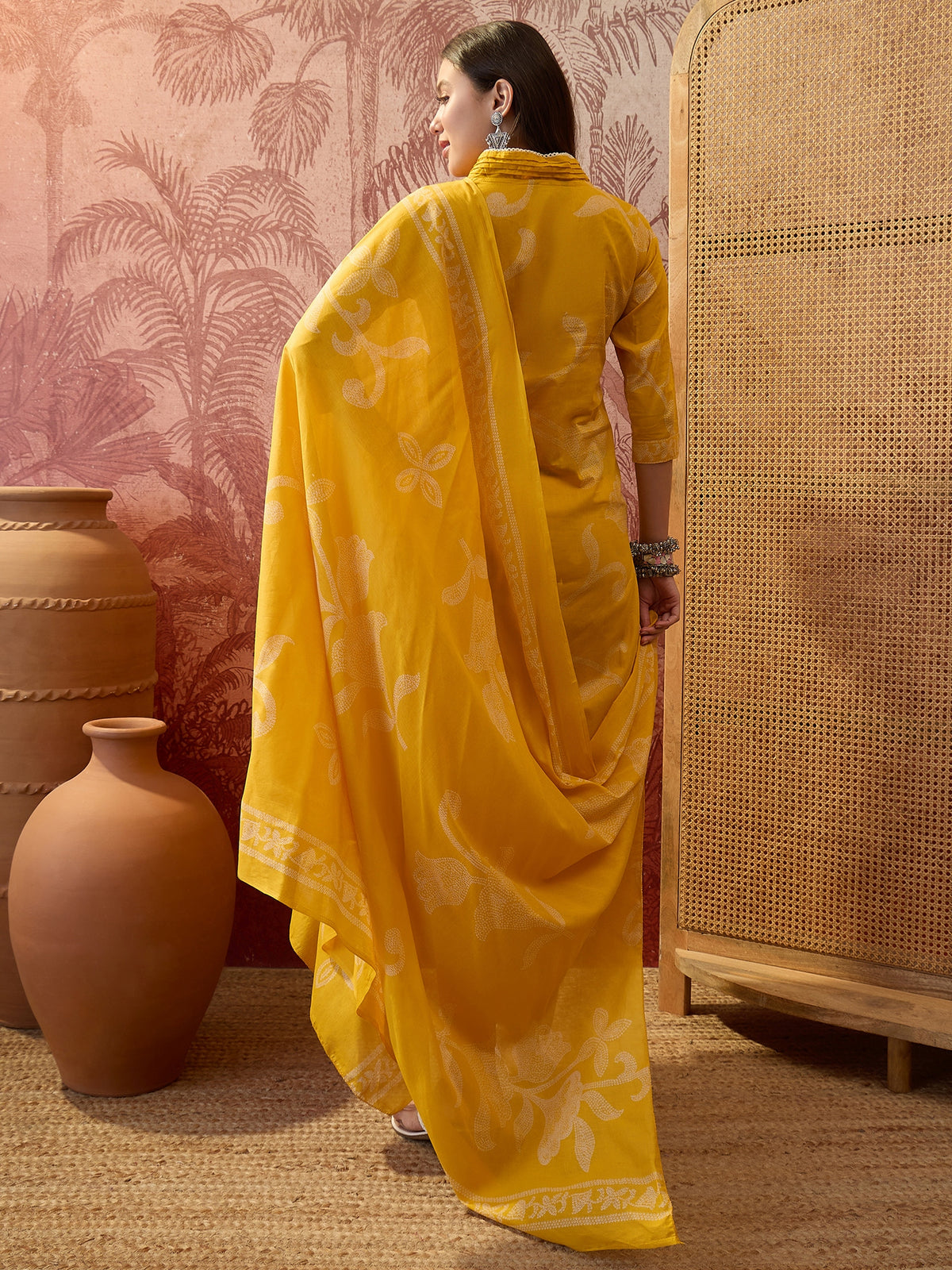 Women's Yellow Pure Cotton V Neck Kurta & Pant With Dupatta Set