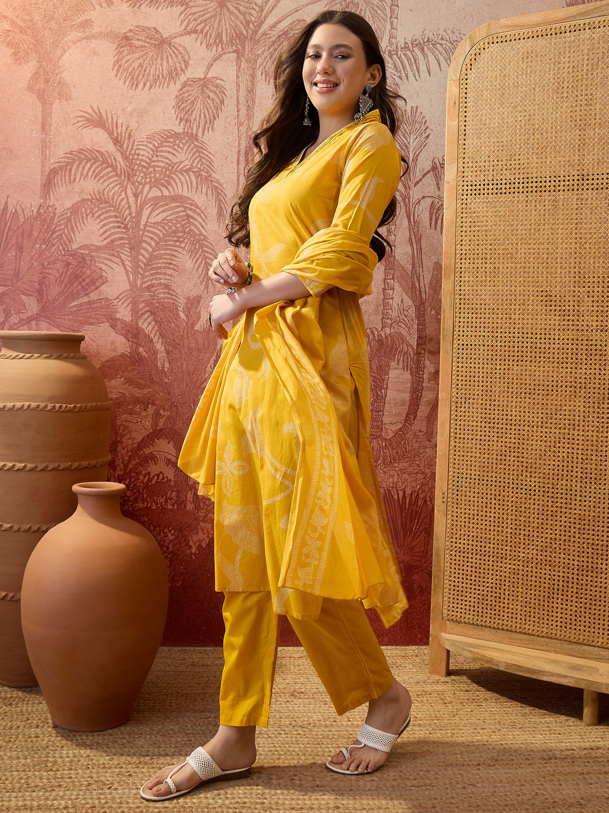 Women's Yellow Pure Cotton V Neck Kurta & Pant With Dupatta Set