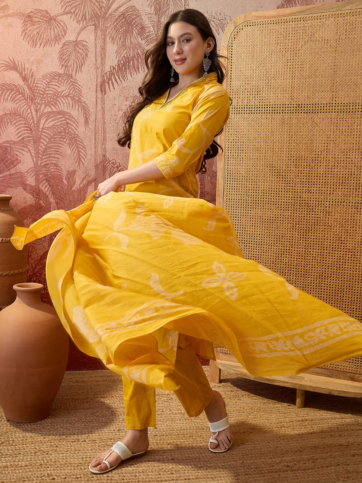 Women's Yellow Pure Cotton V Neck Kurta & Pant With Dupatta Set