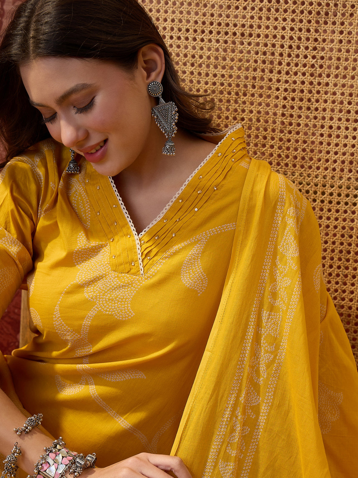 Women's Yellow Pure Cotton V Neck Kurta & Pant With Dupatta Set