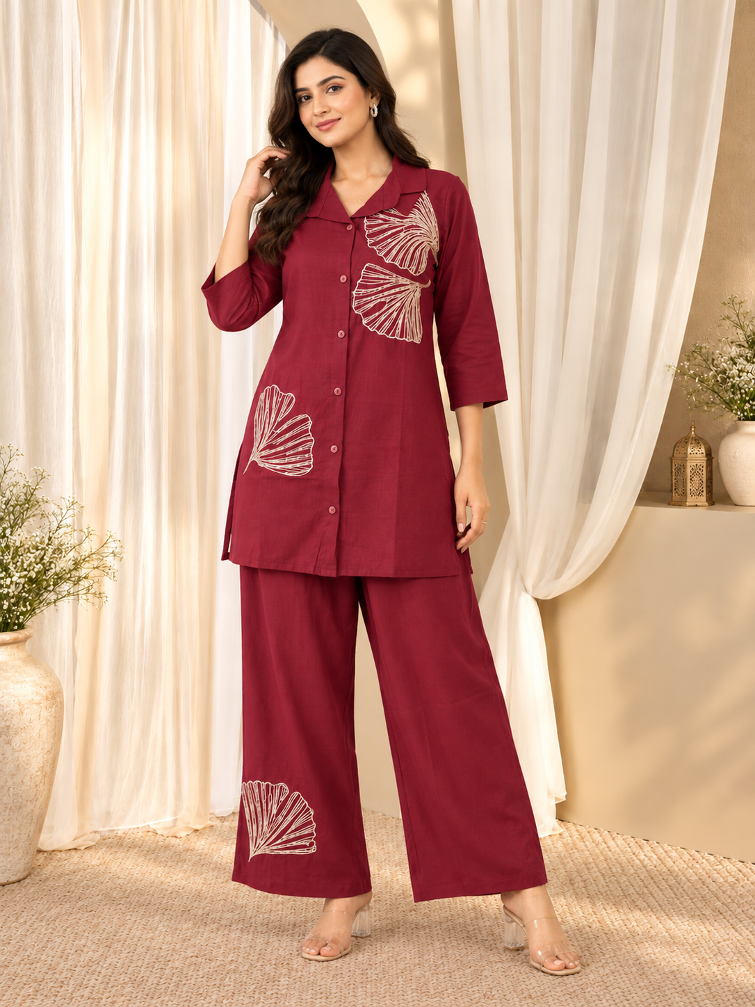 Women's Deep Maroon Embroidered Top & Pant Set