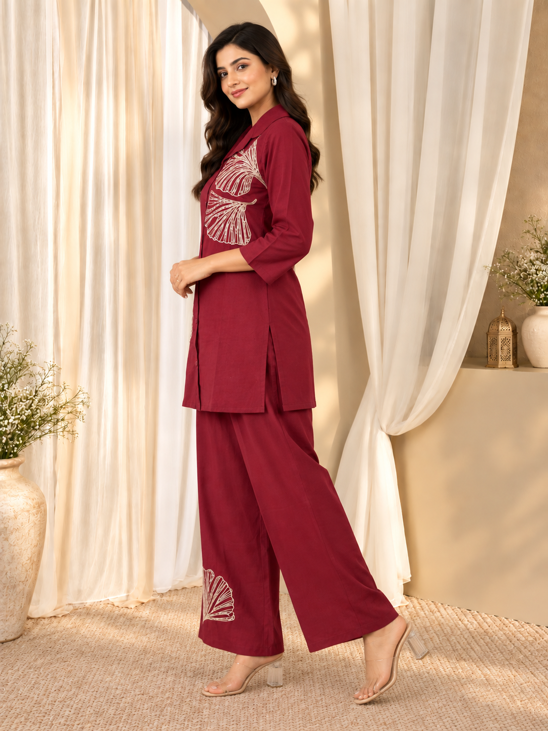 Women's Deep Maroon Embroidered Top & Pant Set