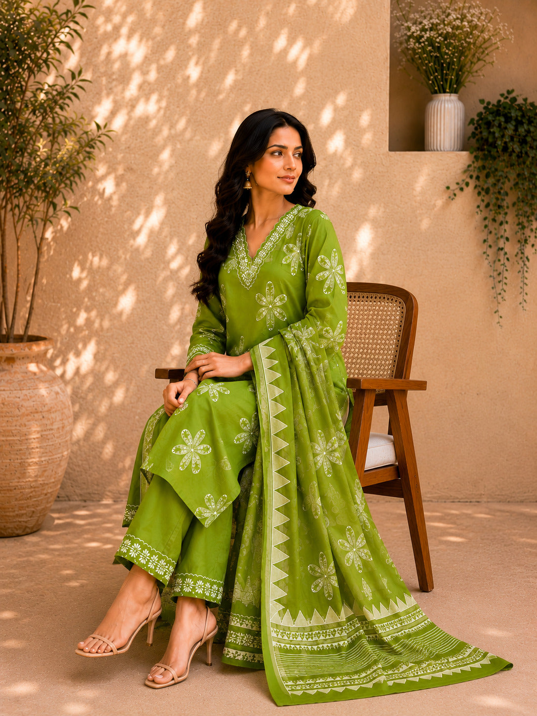 Women's Green Straight Cotton Kurta With Pant & Dupatta Set