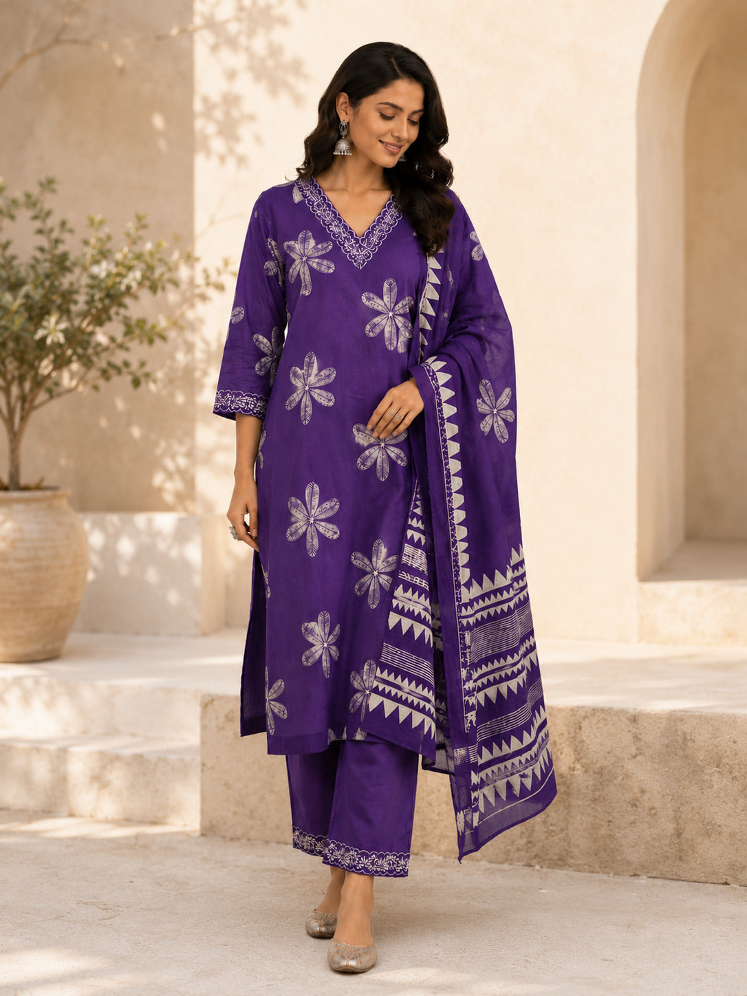 Women's Purple Straight Cotton Kurta With Pant & Dupatta Set