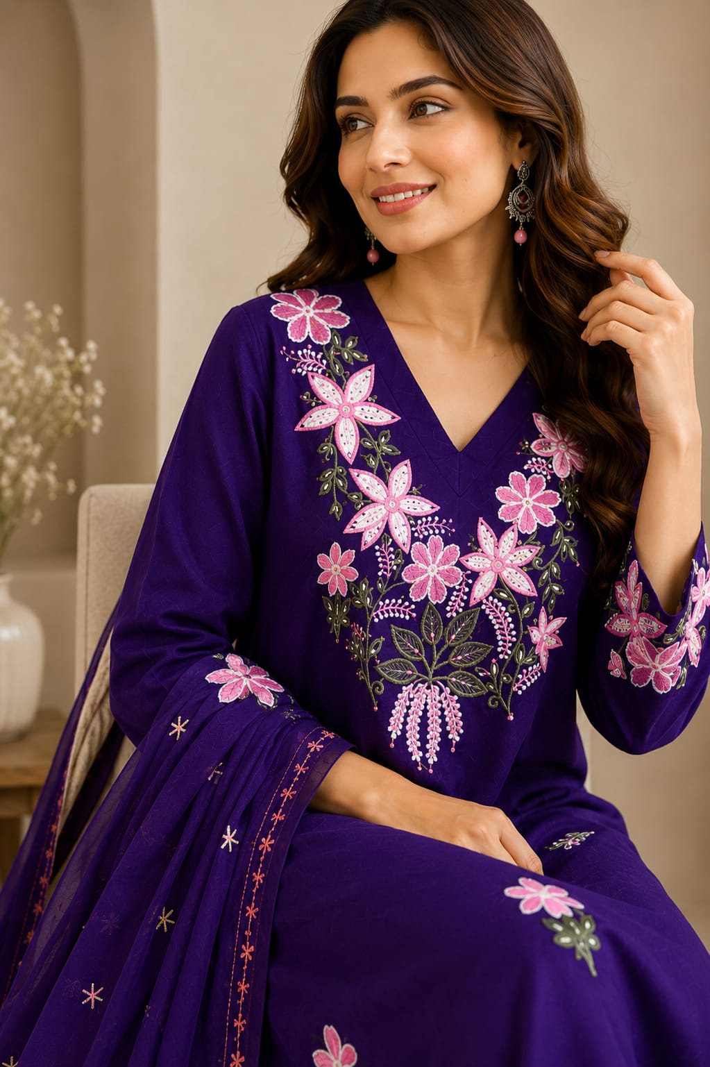 Women's Purple Embroidered Cotton Kurta With Pant & Dupatta Set