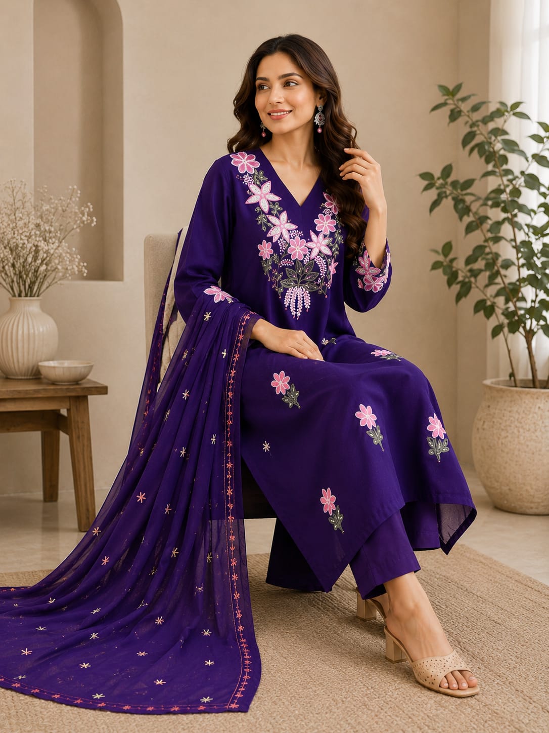 Women's Purple Embroidered Cotton Kurta With Pant & Dupatta Set