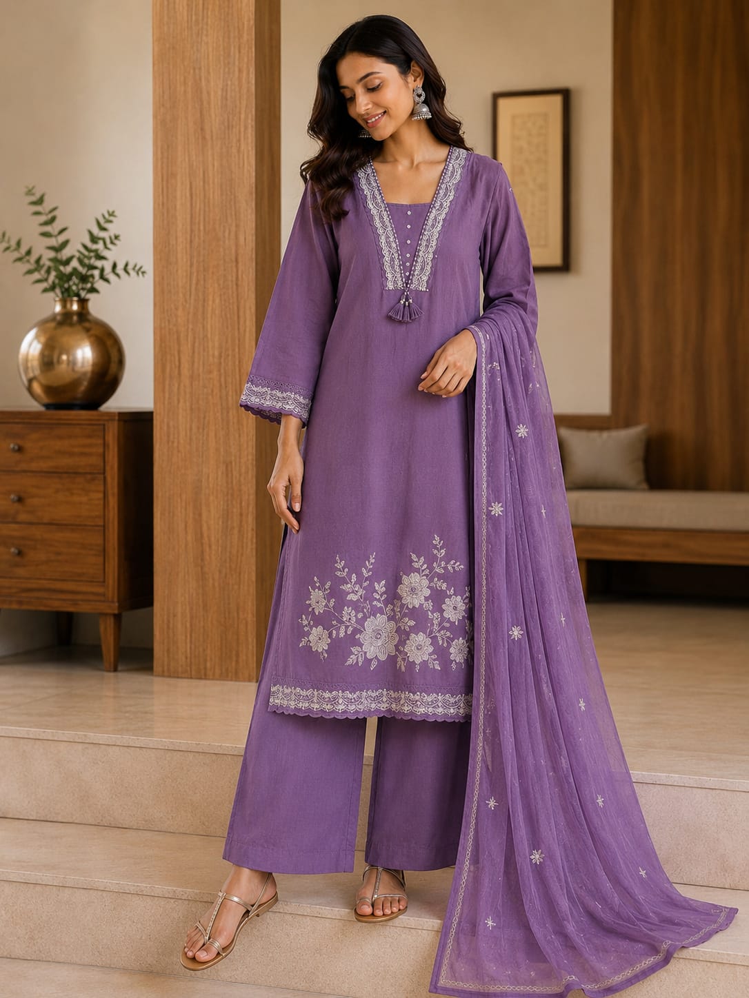 Women's Lavender Cotton Kurta With Pant & Dupatta Set
