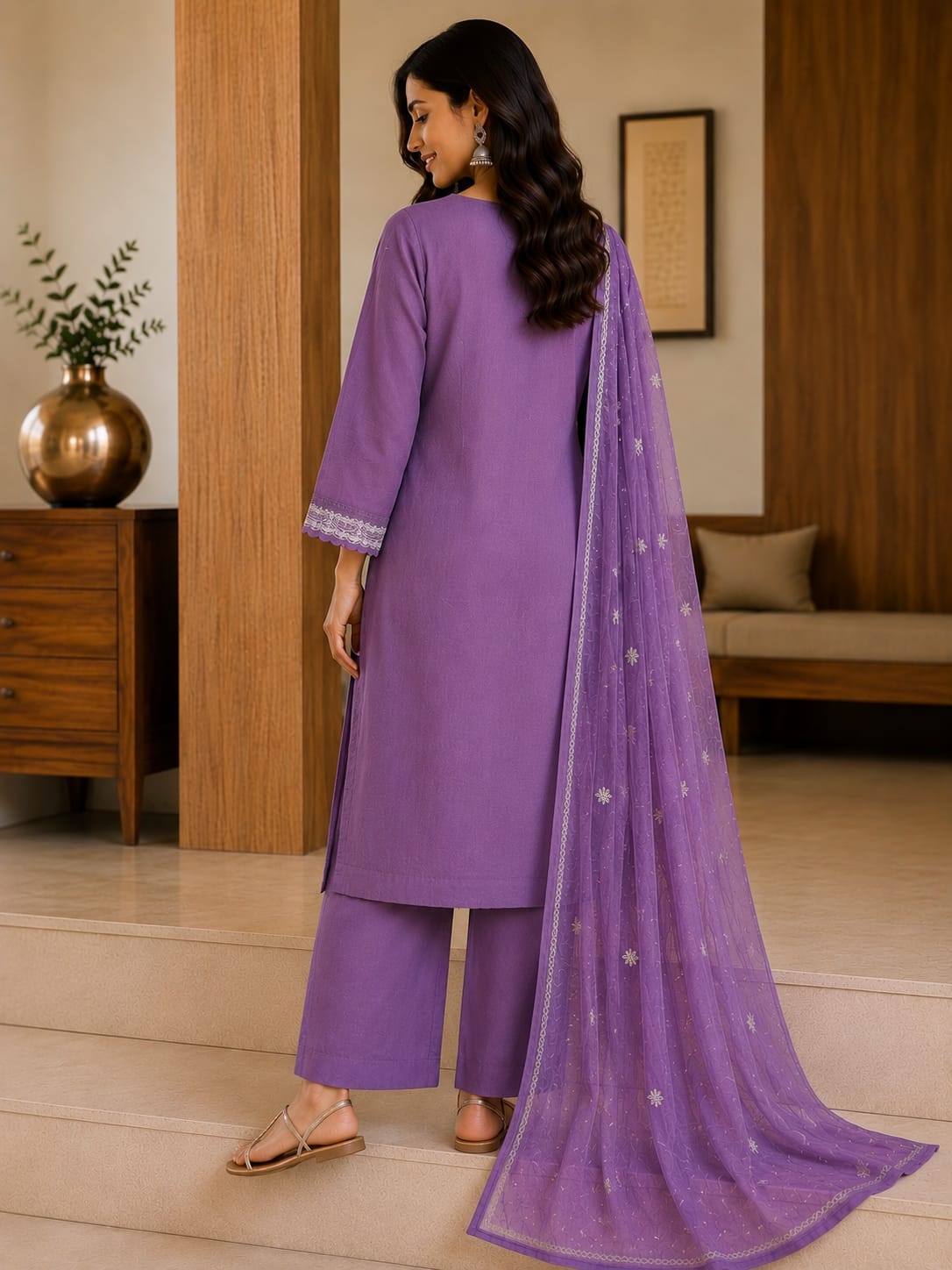 Women's Lavender Cotton Kurta With Pant & Dupatta Set
