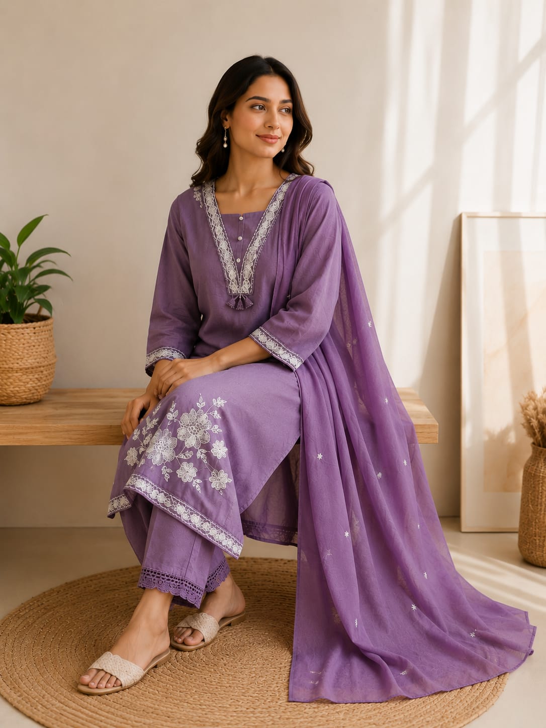 Women's Lavender Cotton Kurta With Pant & Dupatta Set