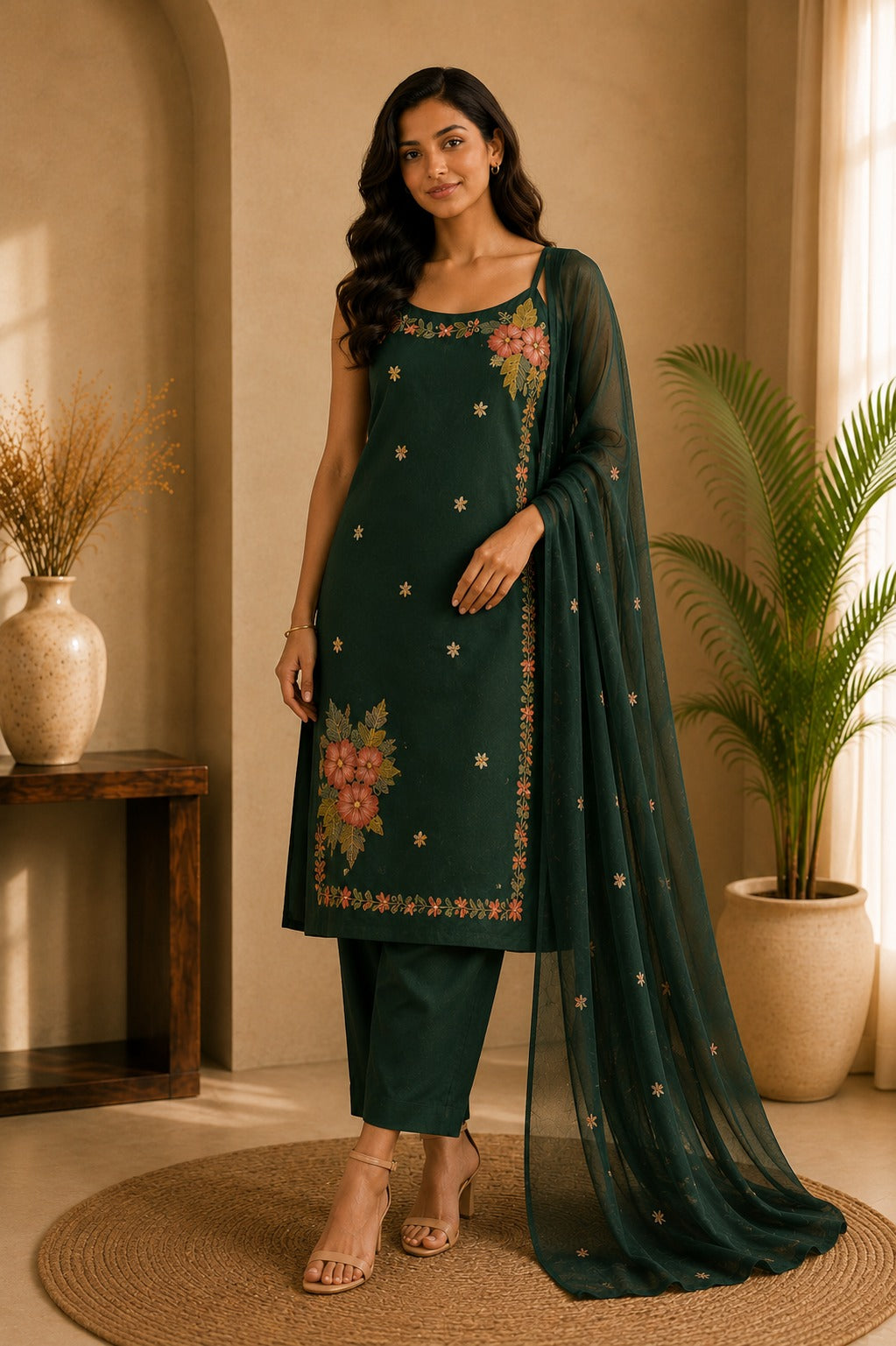 Women's Olive Green Floral Print Cotton Straight Kurta With Pant & Dupatta Set