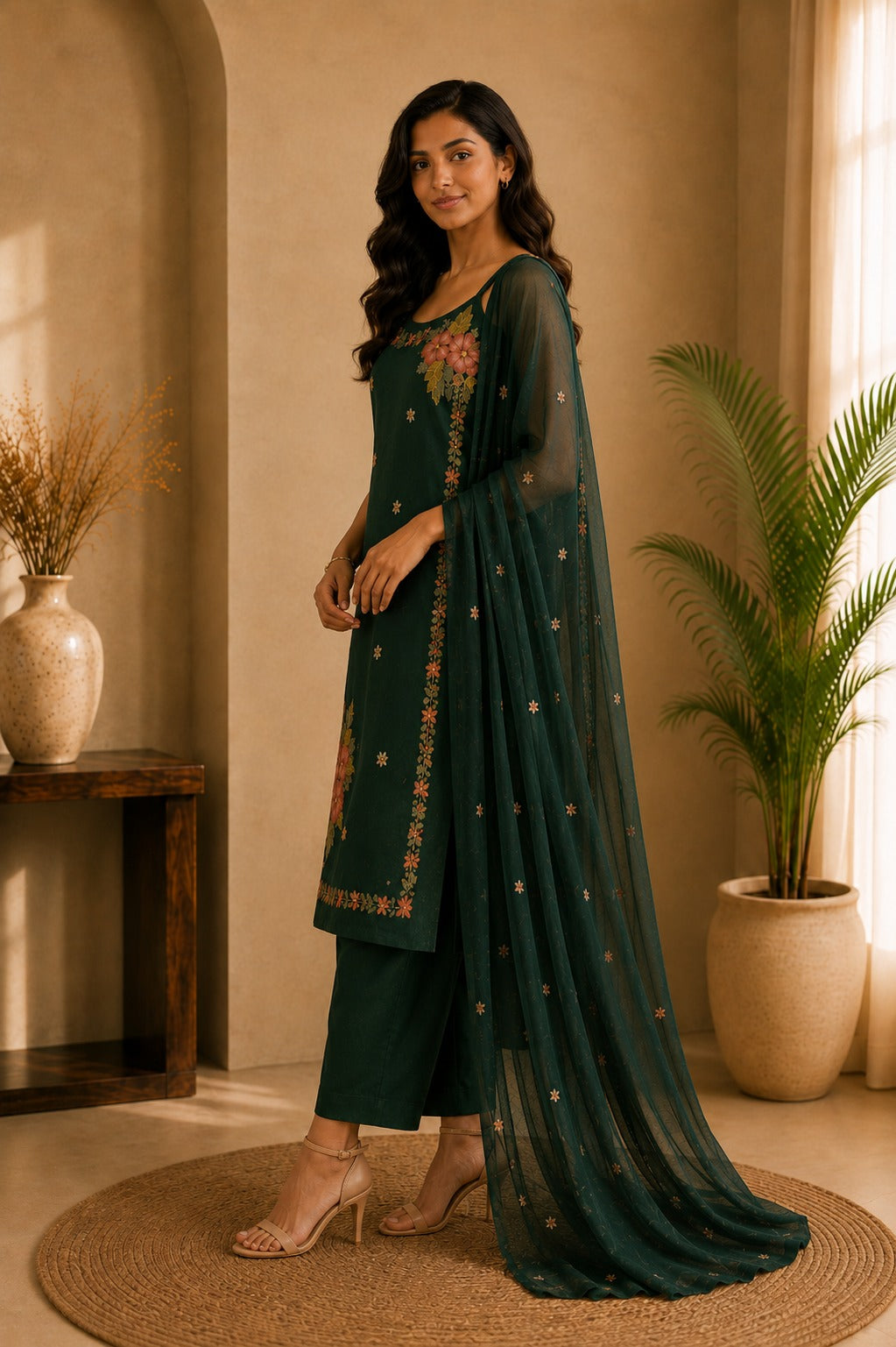 Women's Olive Green Floral Print Cotton Straight Kurta With Pant & Dupatta Set