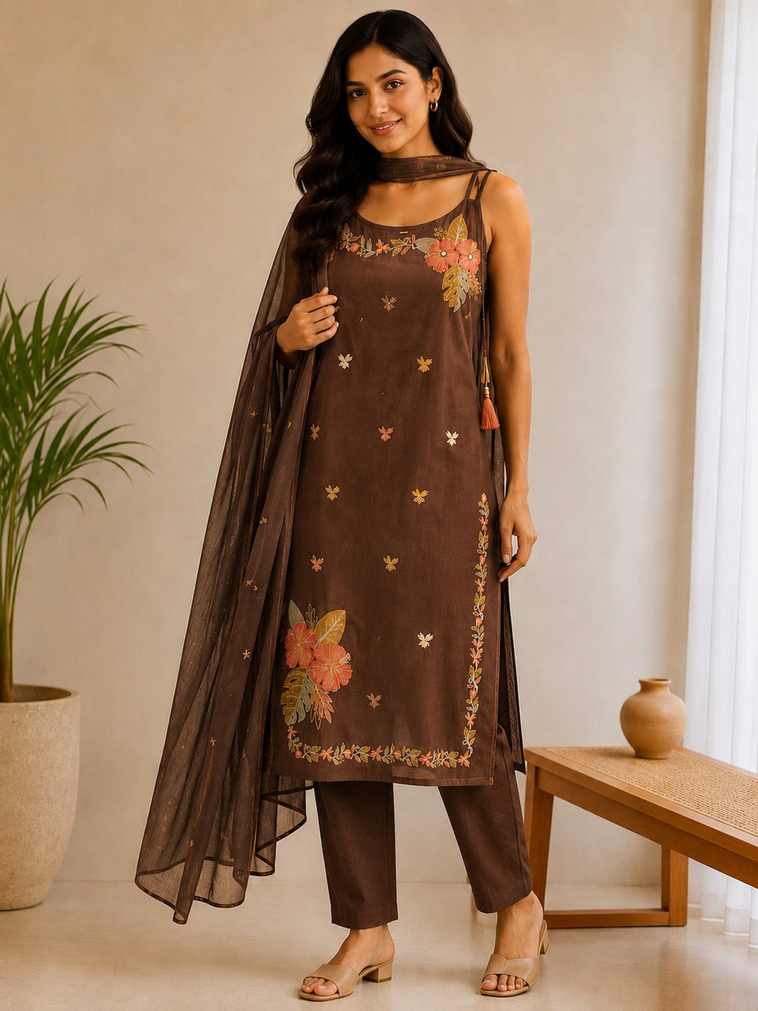 Women's Chocolate Brown Floral Print Cotton Straight Kurta With Pant & Dupatta Set