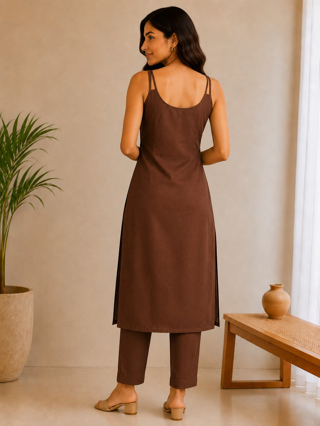 Women's Chocolate Brown Floral Print Cotton Straight Kurta With Pant & Dupatta Set
