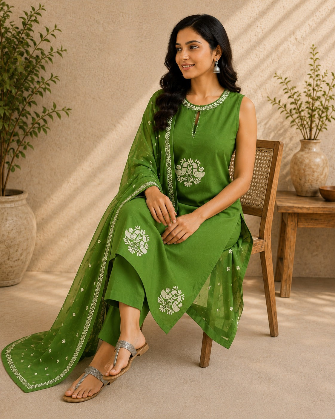 Women's Green Animal Print Cotton Straight Kurta With Pant & Dupatta Set