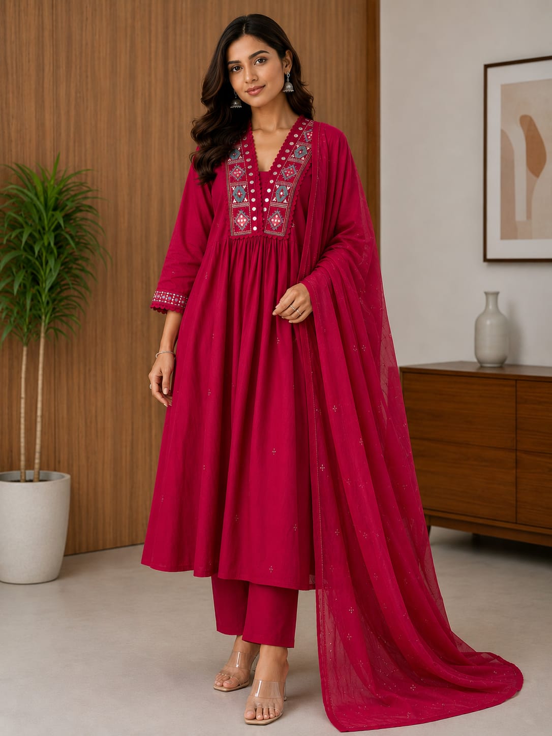 Women's Pink Embroidered V-Neck Mirror Work A-Line Kurta With Pant & Dupatta Set