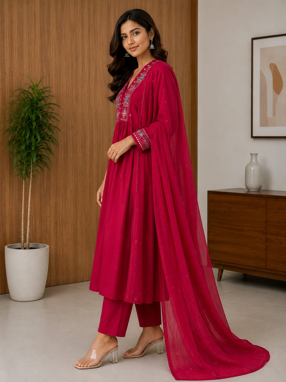 Women's Pink Embroidered V-Neck Mirror Work A-Line Kurta With Pant & Dupatta Set