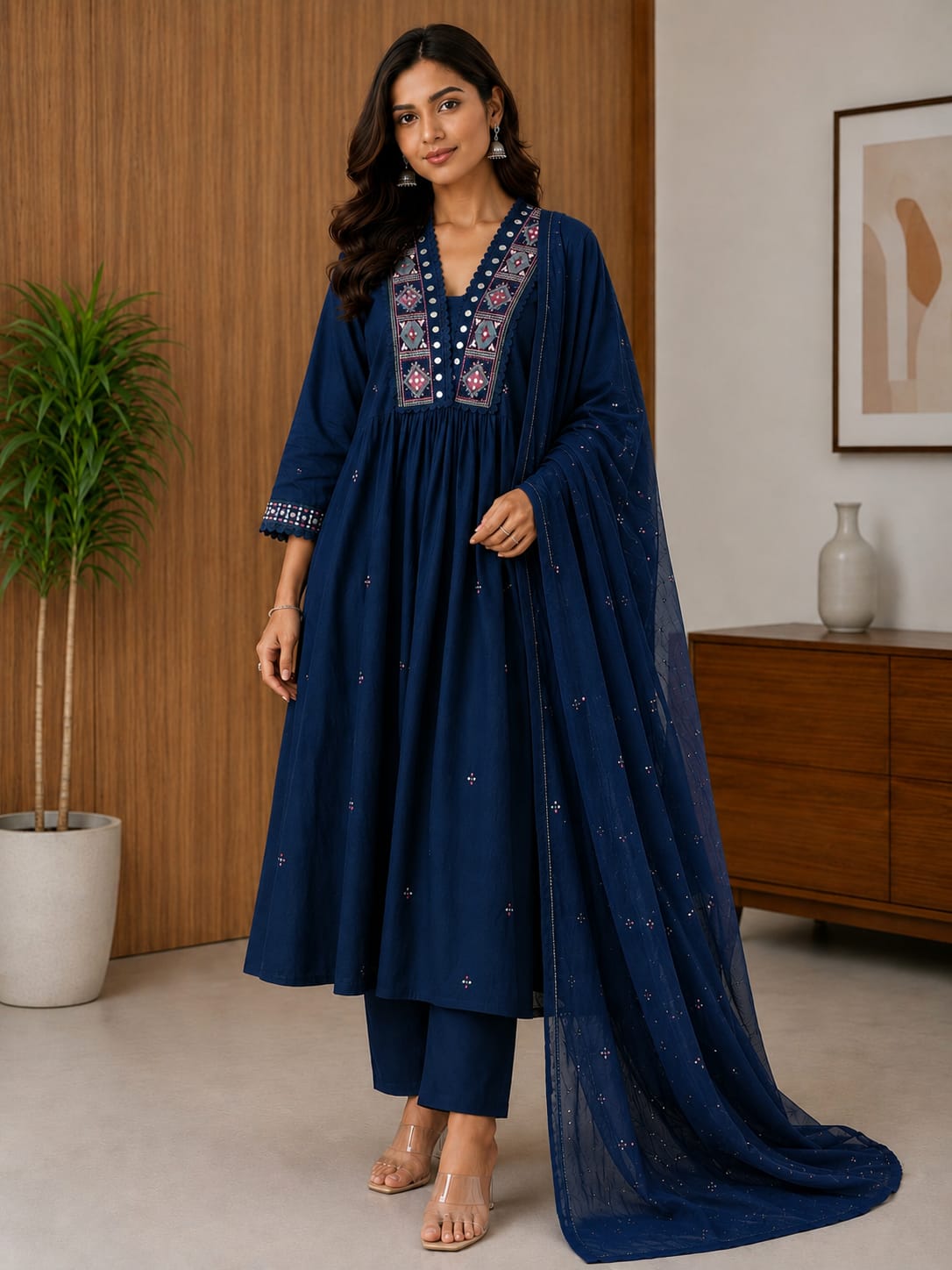 Women's Navy Blue Embroidered V-Neck Mirror Work A-Line Kurta With Pant & Dupatta Set