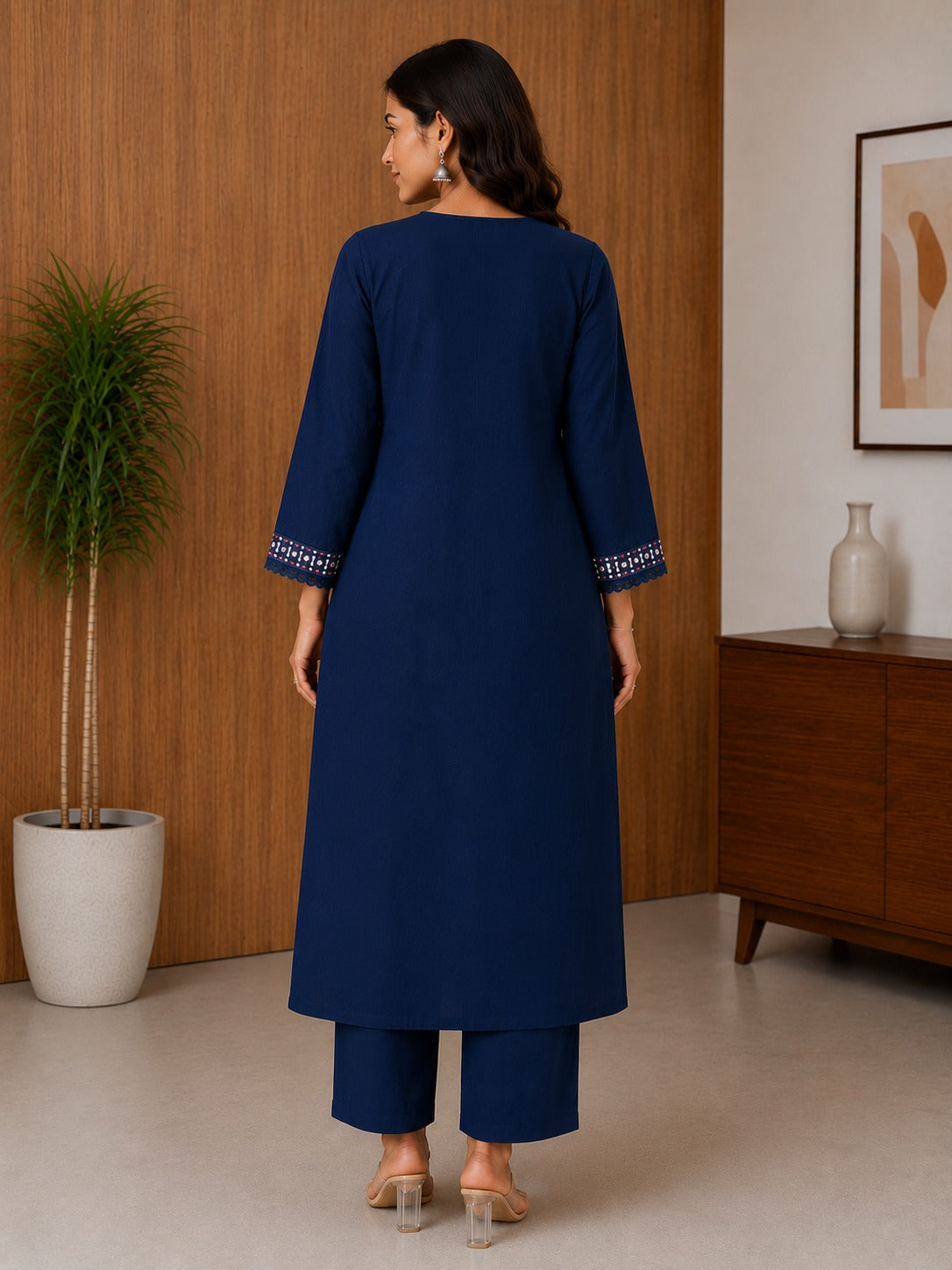 Women's Navy Blue Embroidered V-Neck Mirror Work A-Line Kurta With Pant & Dupatta Set