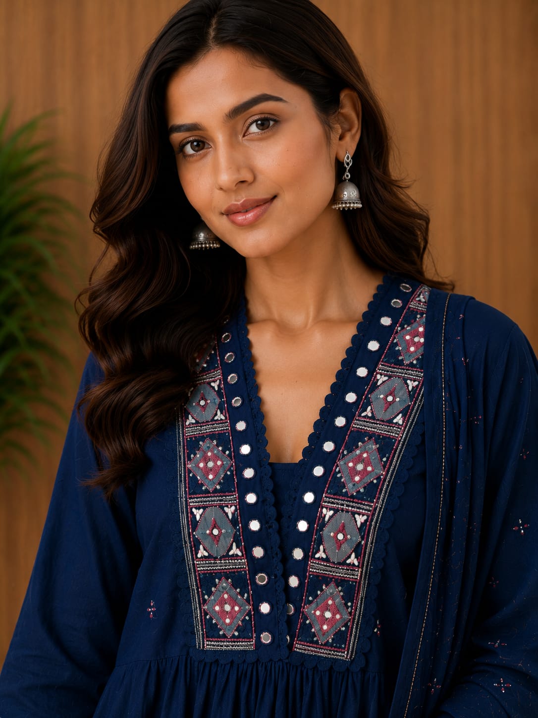 Women's Navy Blue Embroidered V-Neck Mirror Work A-Line Kurta With Pant & Dupatta Set