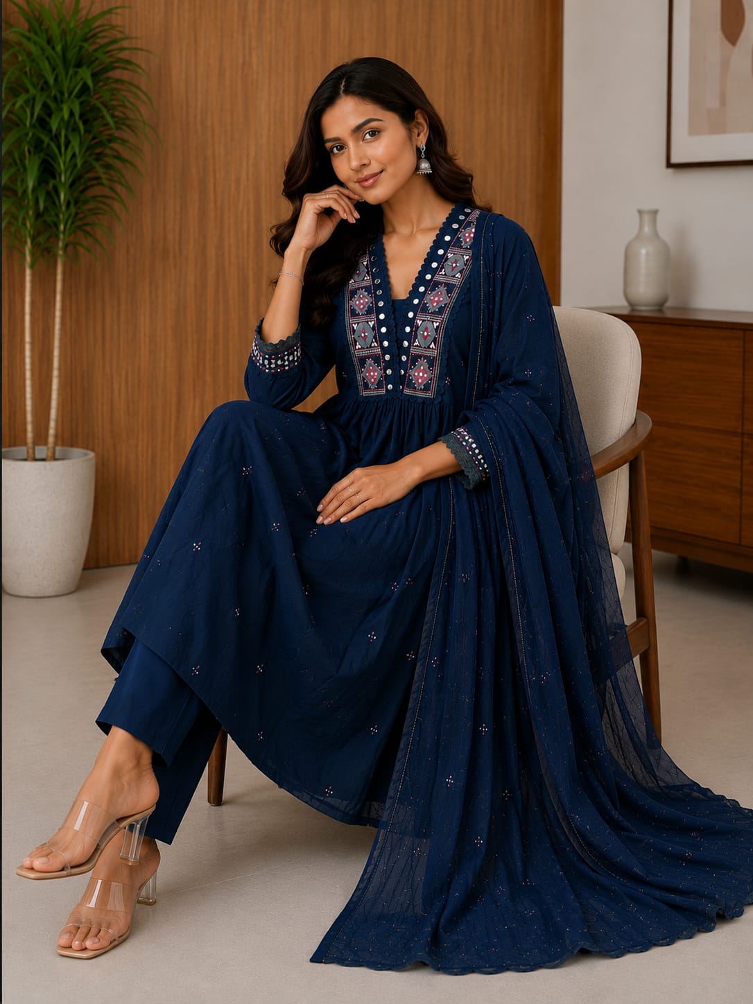 Women's Navy Blue Embroidered V-Neck Mirror Work A-Line Kurta With Pant & Dupatta Set