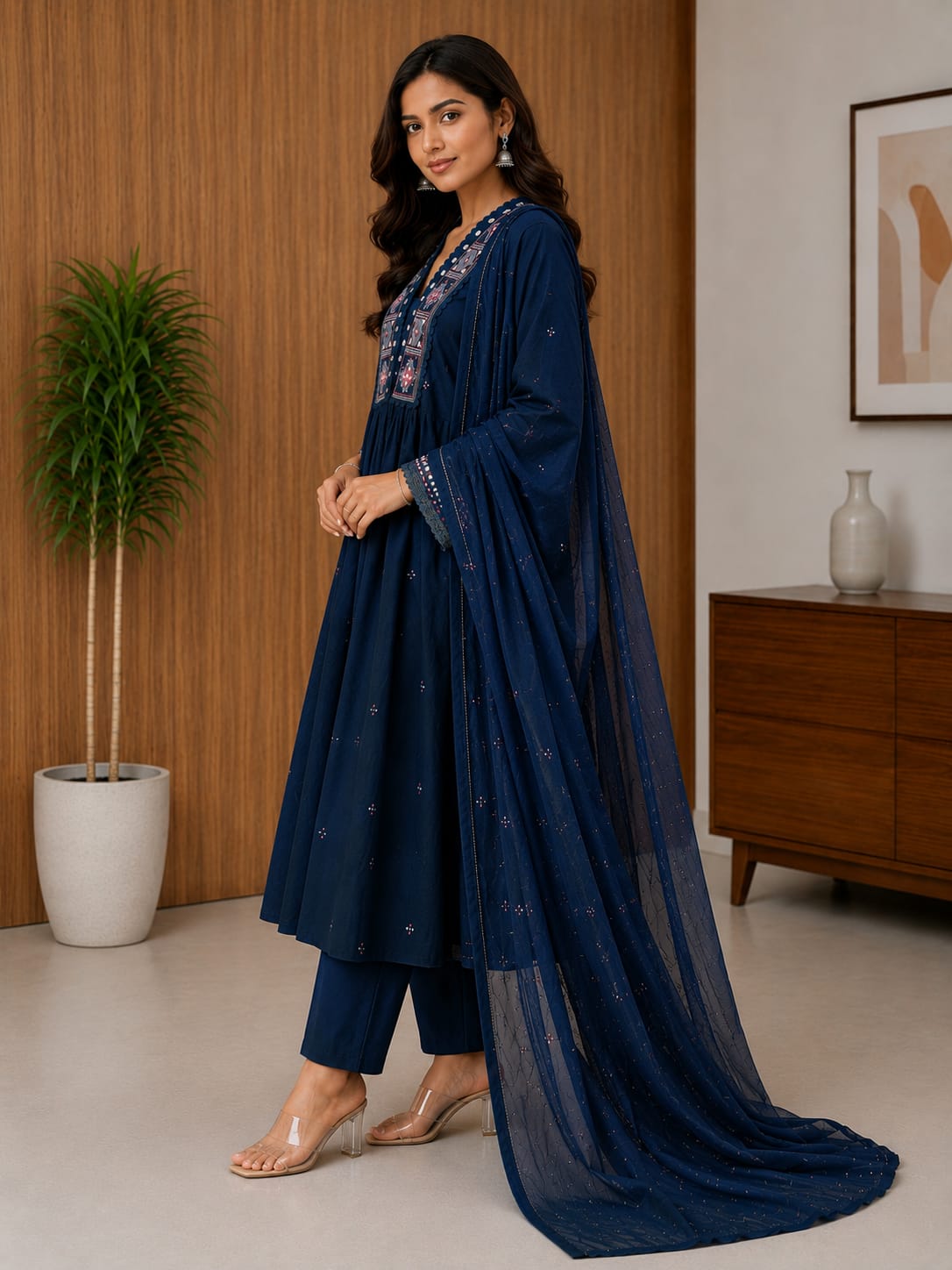 Women's Navy Blue Embroidered V-Neck Mirror Work A-Line Kurta With Pant & Dupatta Set