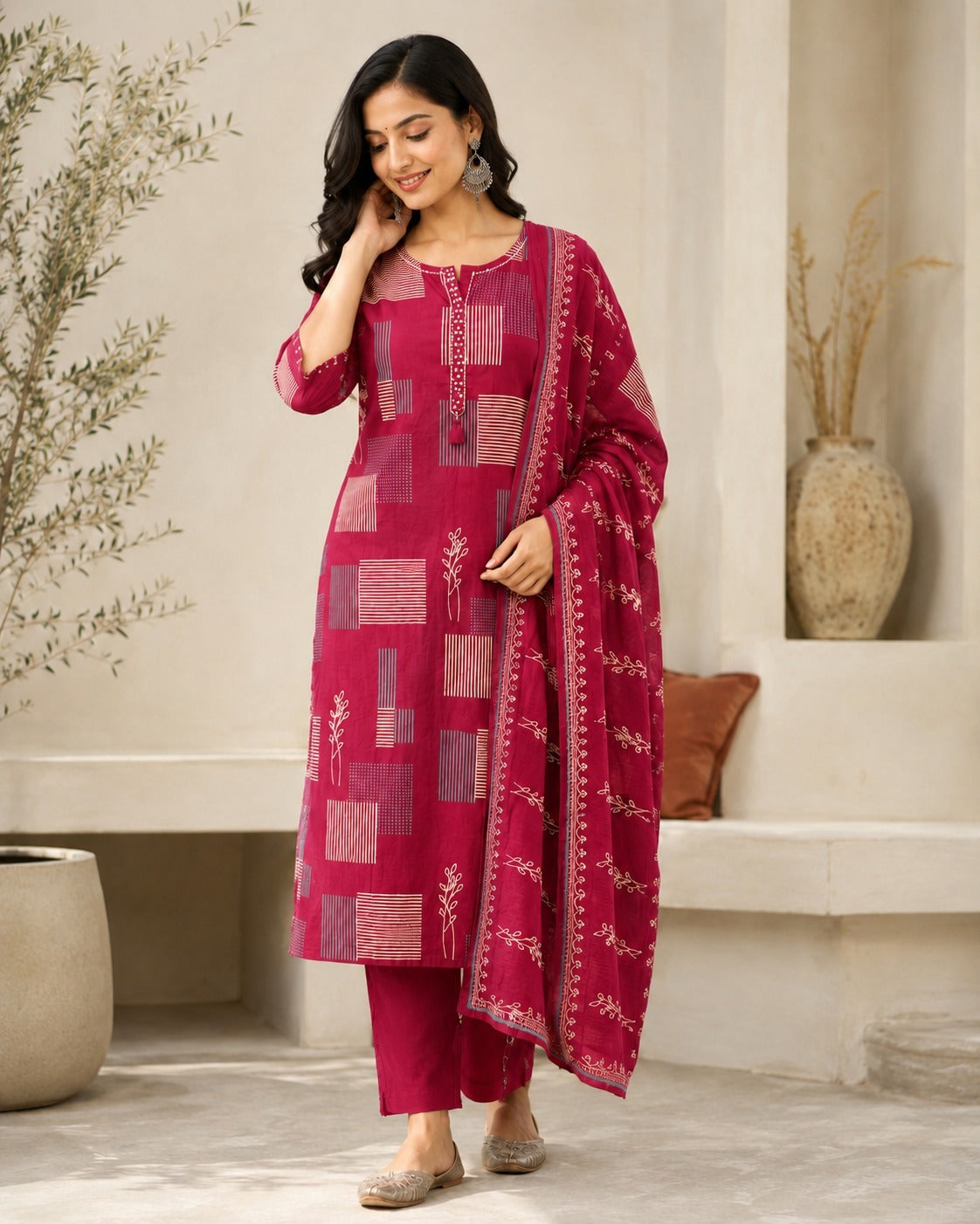 Women's Maroon Geometric Printed Straight Kurta & Trousers With Dupatta Set