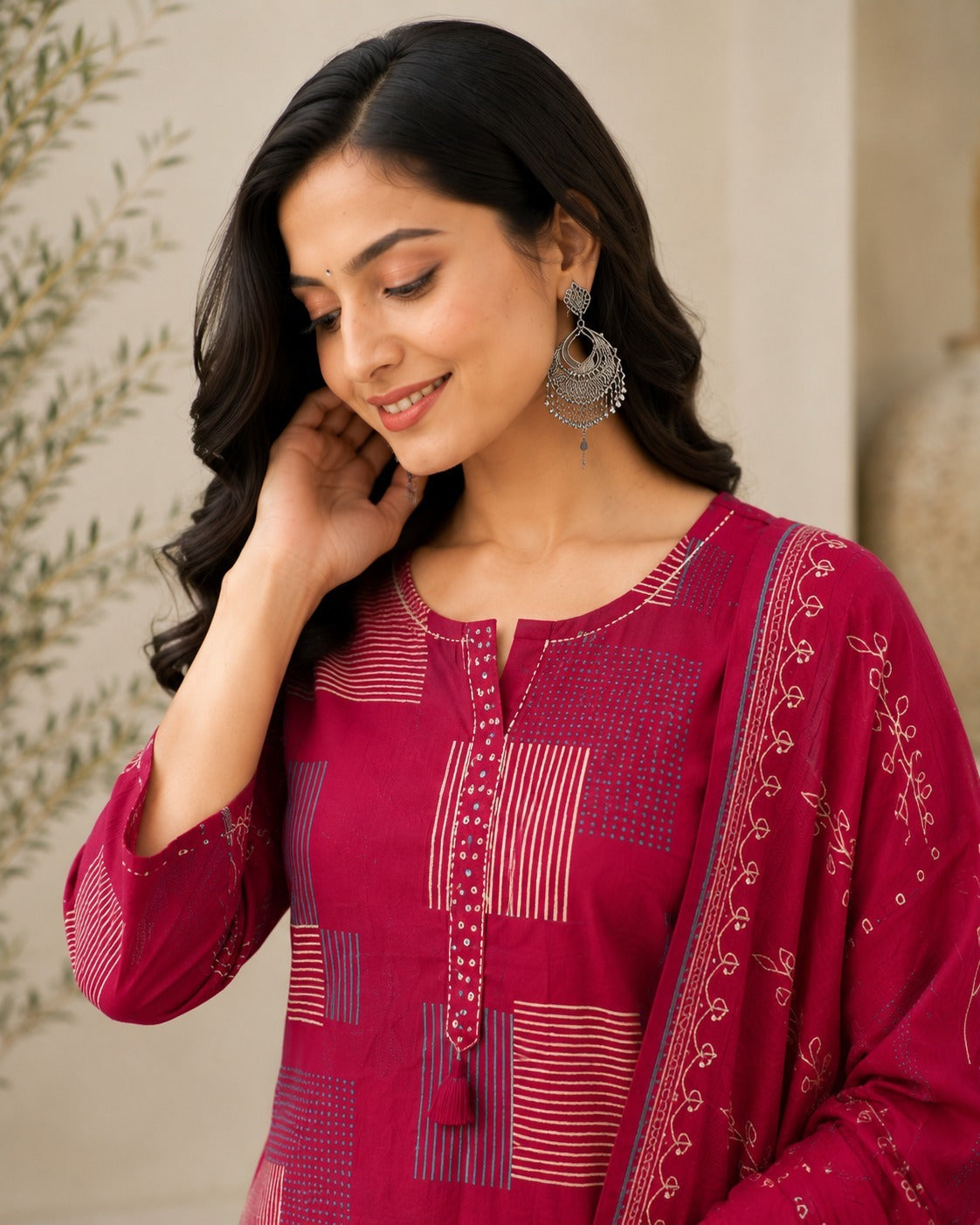 Women's Maroon Geometric Printed Straight Kurta & Trousers With Dupatta Set