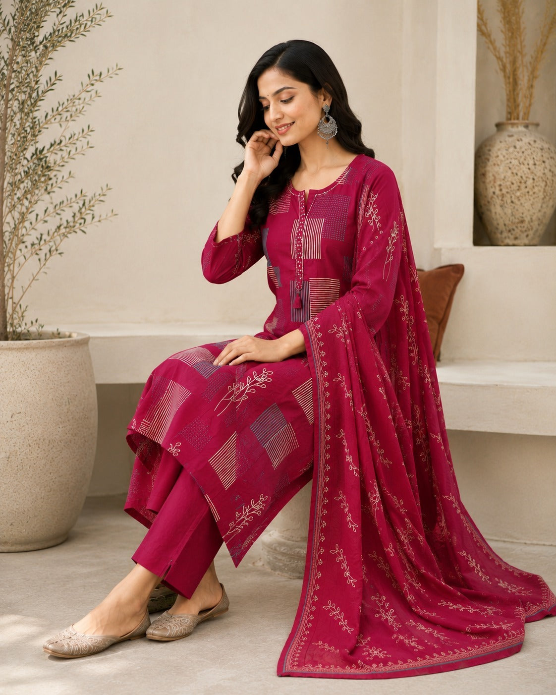 Women's Maroon Geometric Printed Straight Kurta & Trousers With Dupatta Set