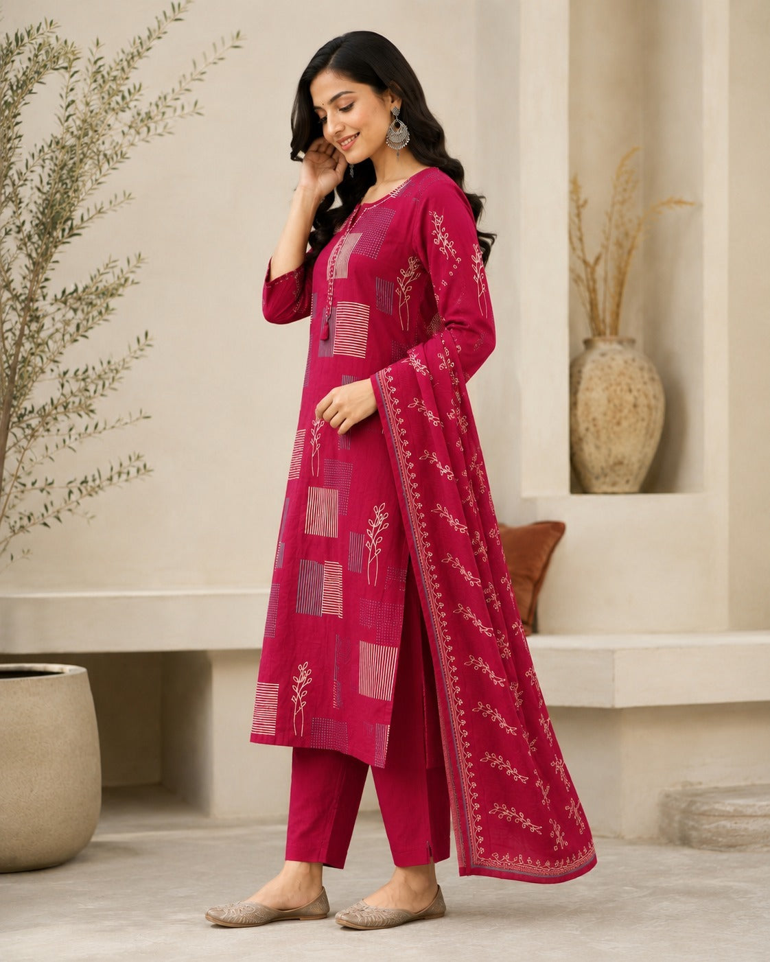Women's Maroon Geometric Printed Straight Kurta & Trousers With Dupatta Set