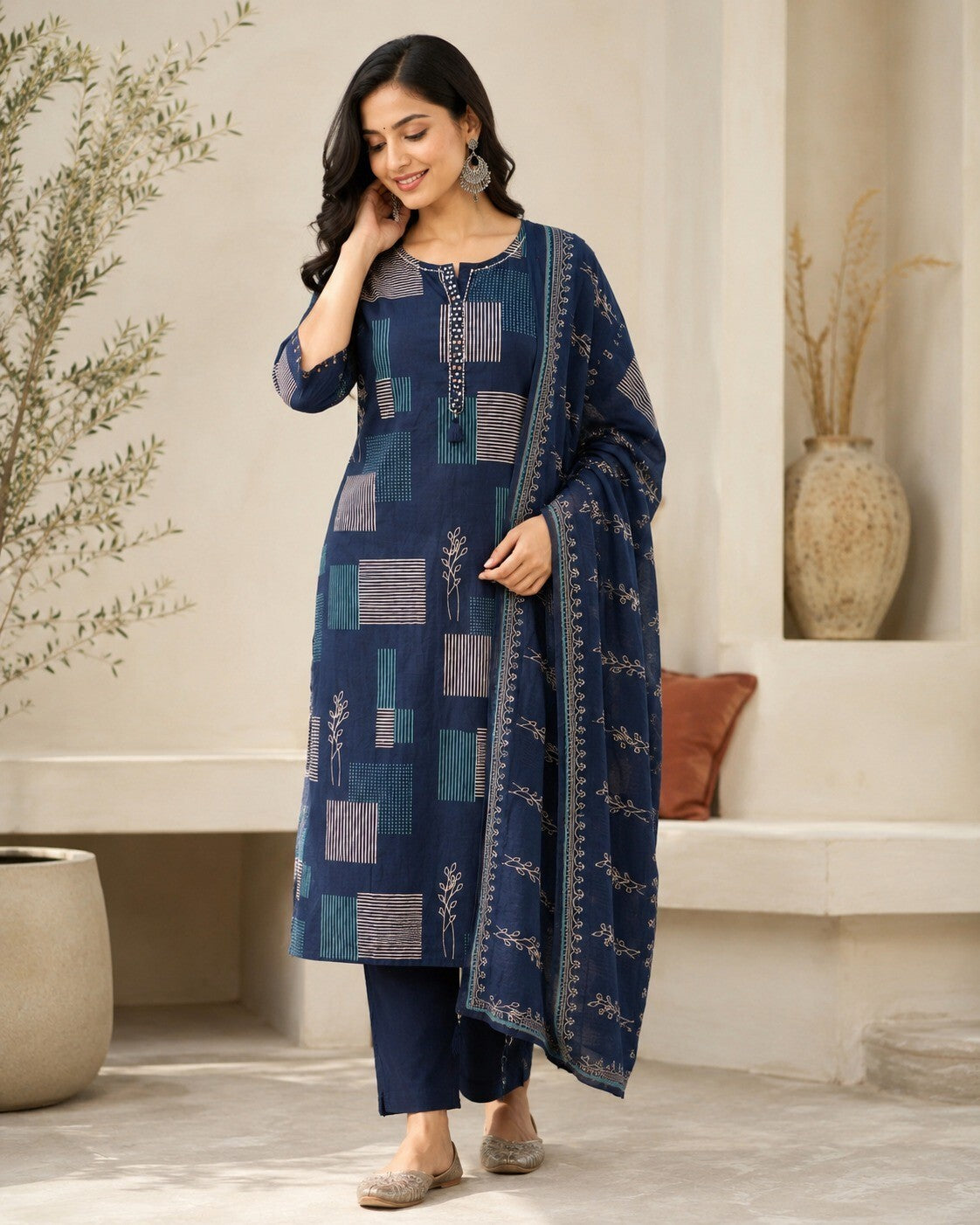 Women's Navy Blue Geometric Printed Straight Kurta & Trousers With Dupatta Set