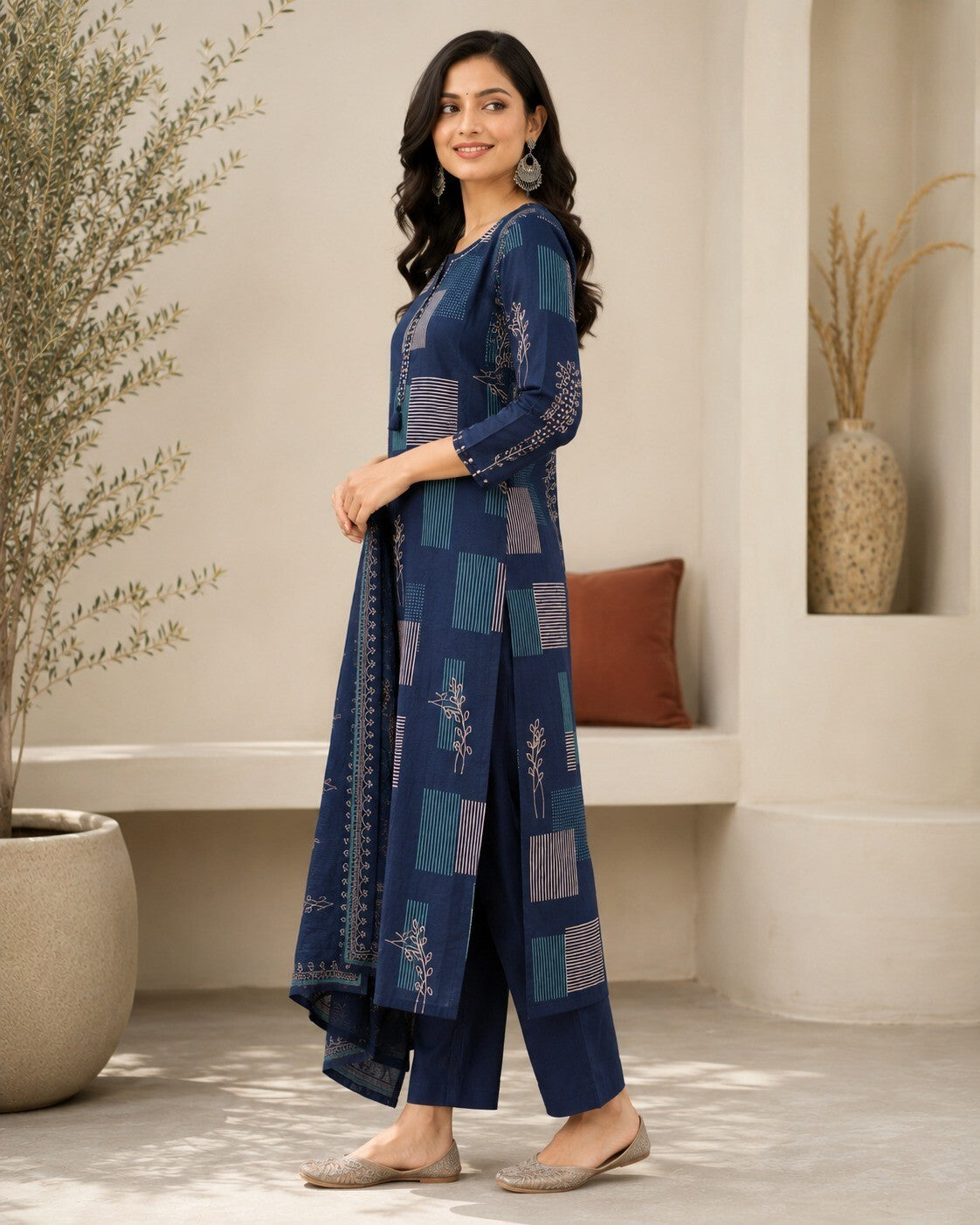 Women's Navy Blue Geometric Printed Straight Kurta & Trousers With Dupatta Set