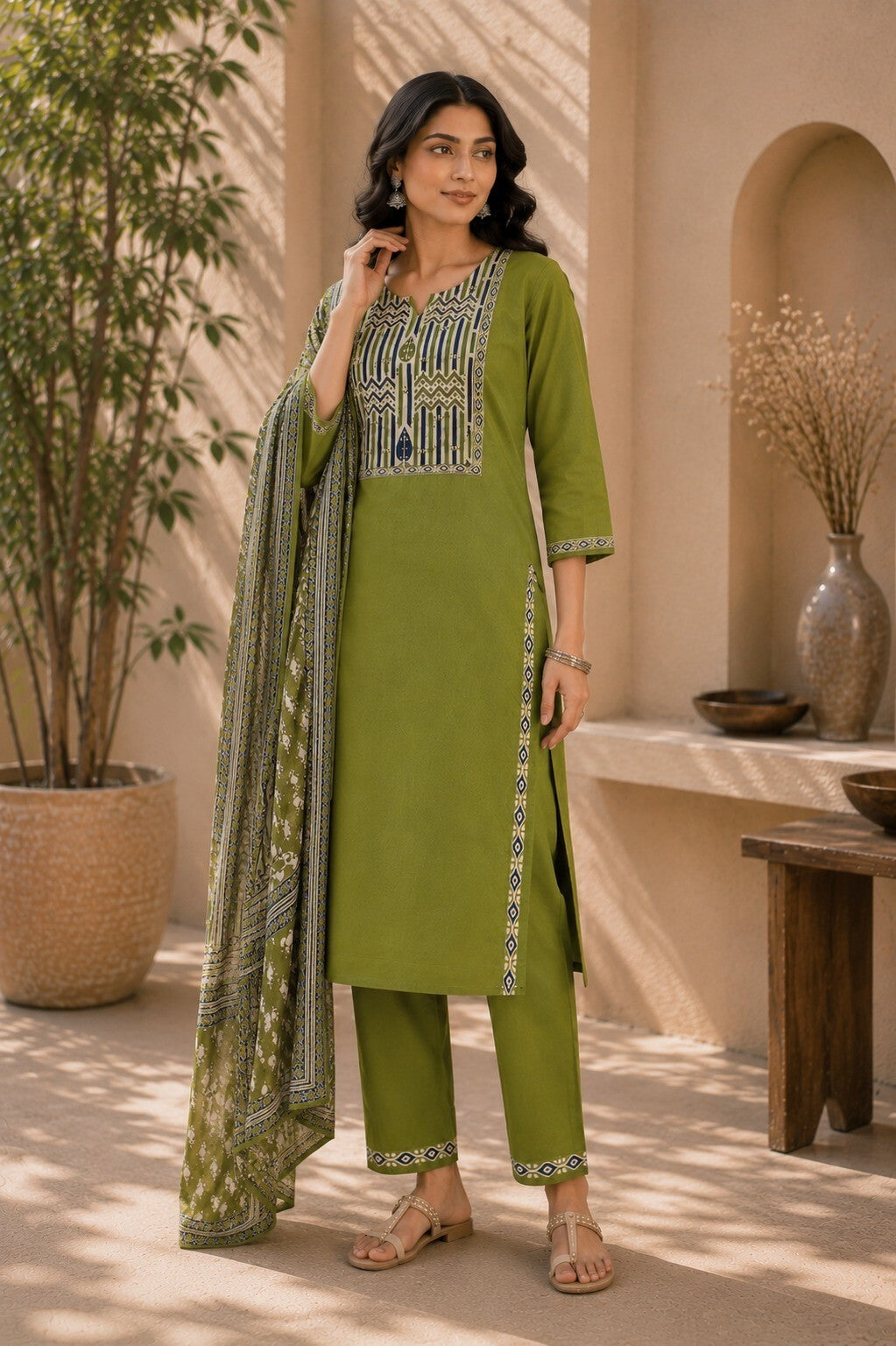 Women's Olive Green Chevron Printed Straight Kurta & Trousers With Dupatta Set