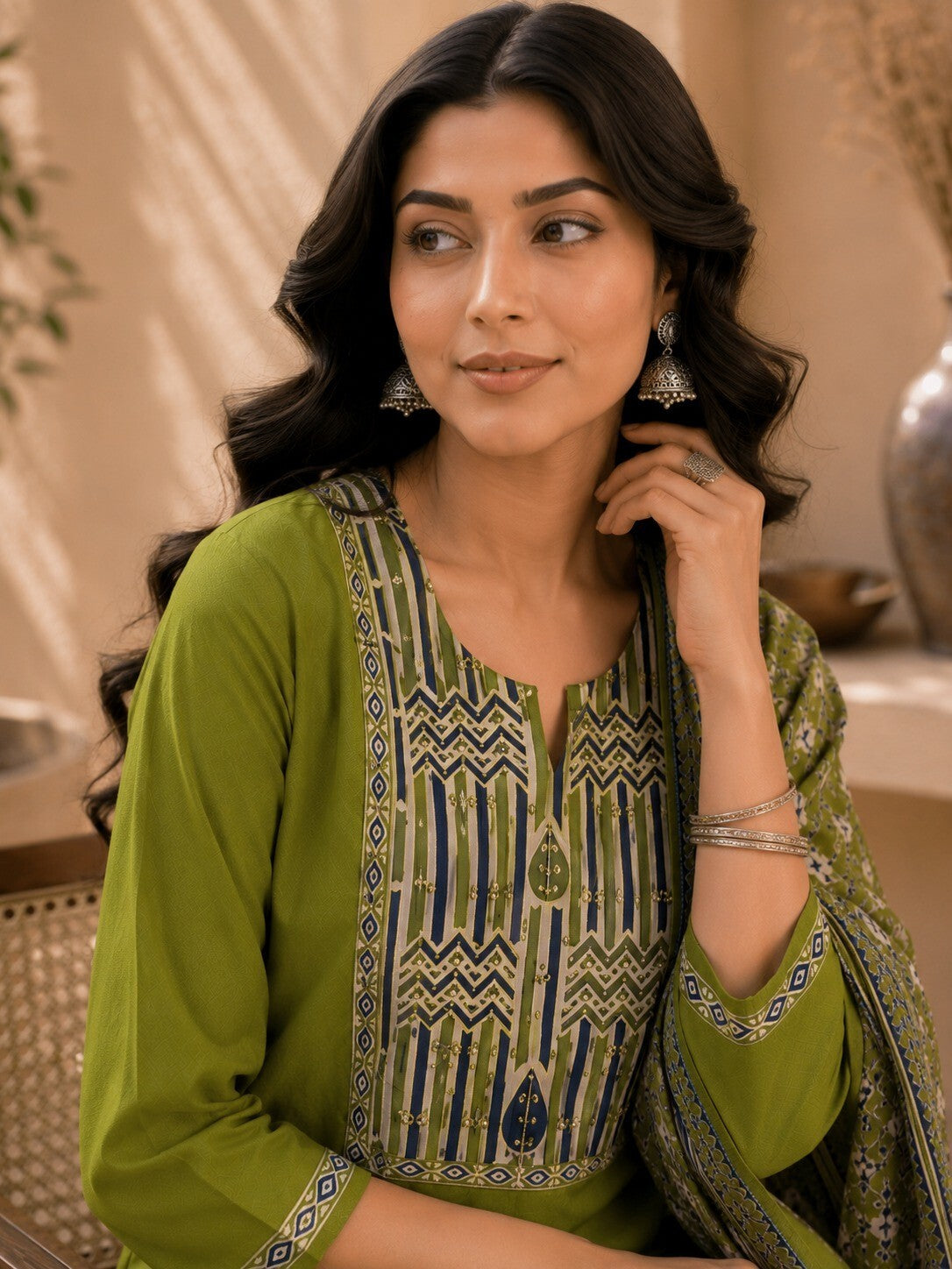 Women's Olive Green Chevron Printed Straight Kurta & Trousers With Dupatta Set