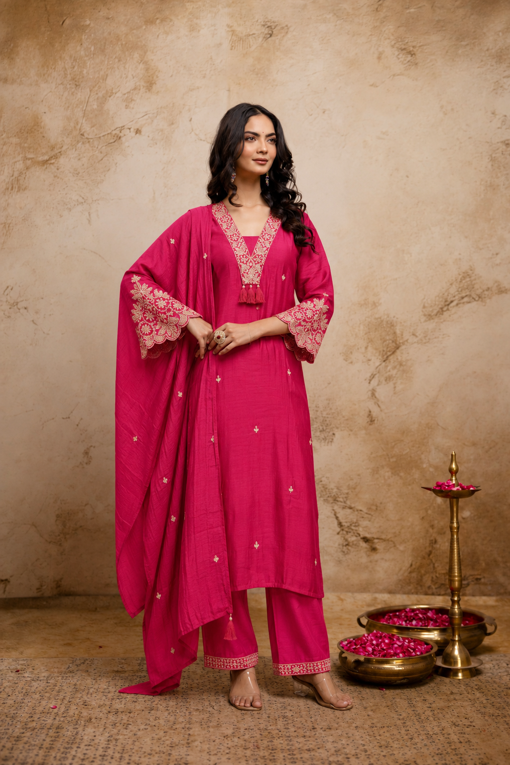 Women's Rani Pink Embroidered Silk Blend Kurta & Trousers With Dupatta Set