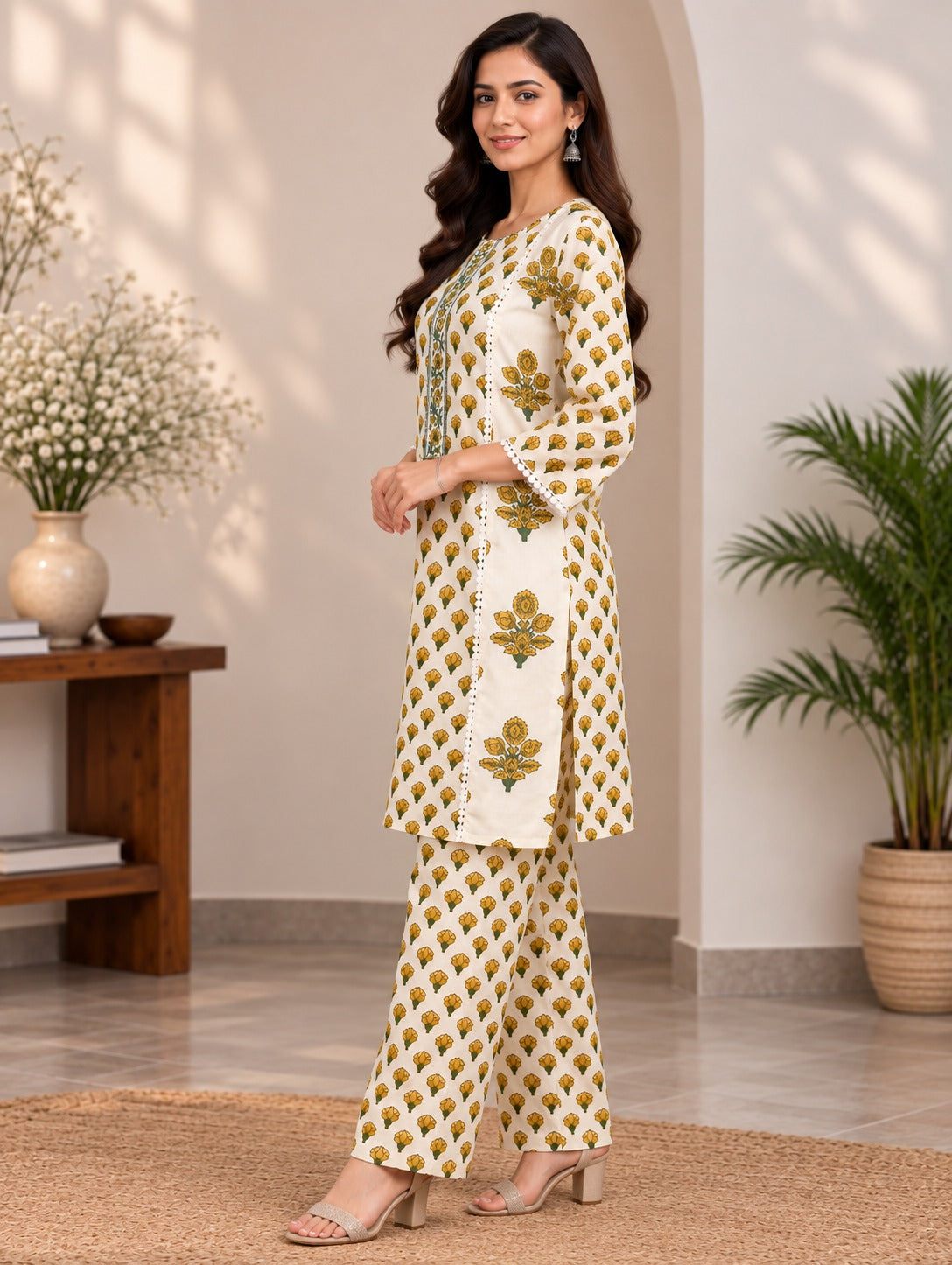 Women's Cream & Mustard Floral Printed Cotton Short Kurta With Trouser Set
