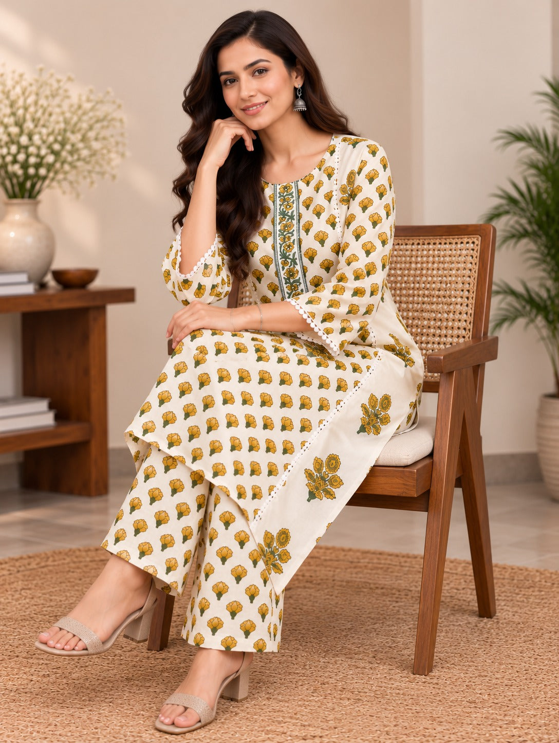 Women's Cream & Mustard Floral Printed Cotton Short Kurta With Trouser Set
