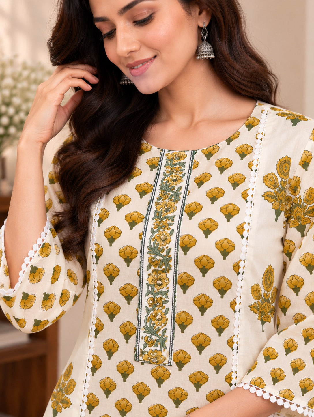 Women's Cream & Mustard Floral Printed Cotton Short Kurta With Trouser Set