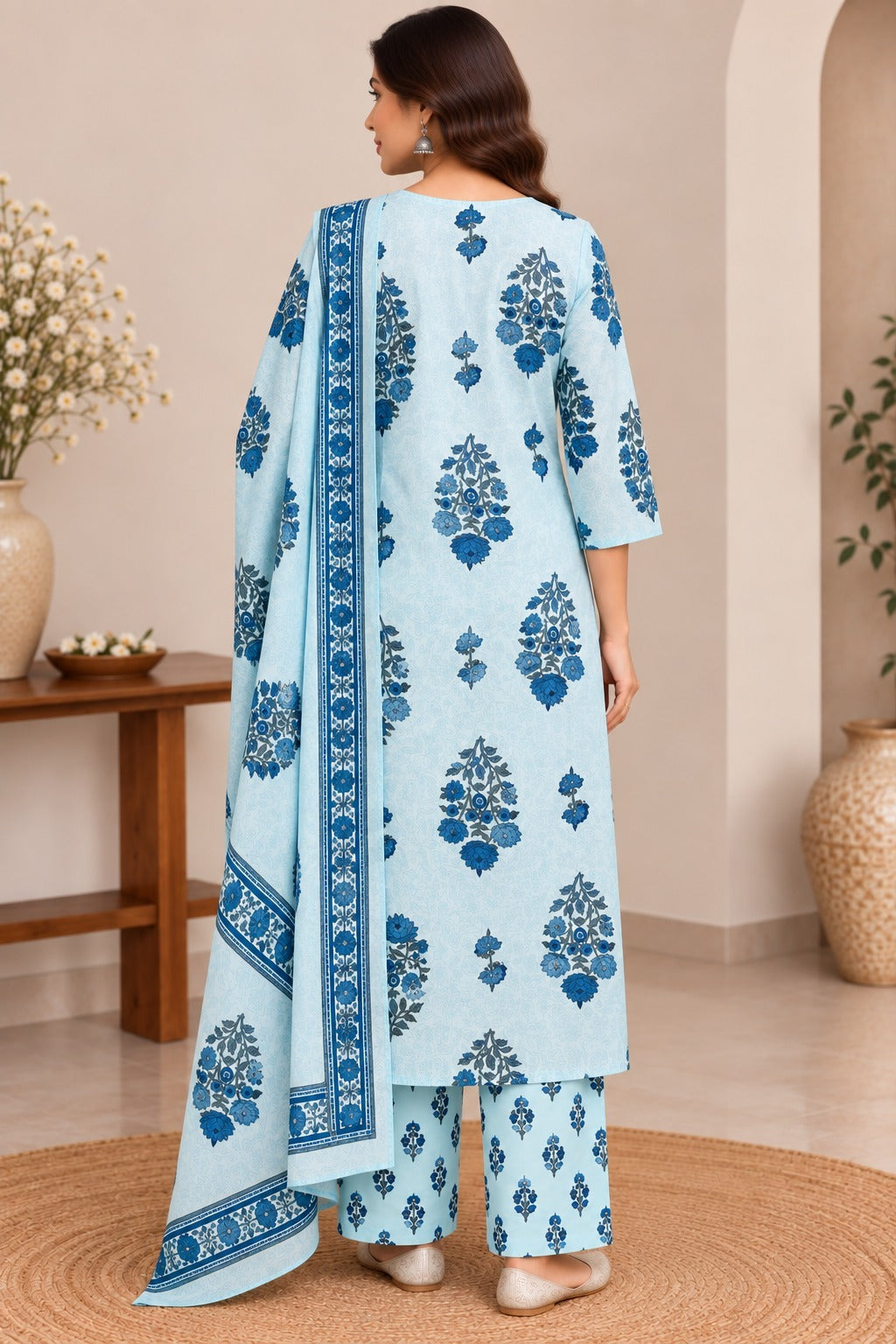 Women's Sky Blue Floral Print Straight Kurta Pant With Dupatta Set