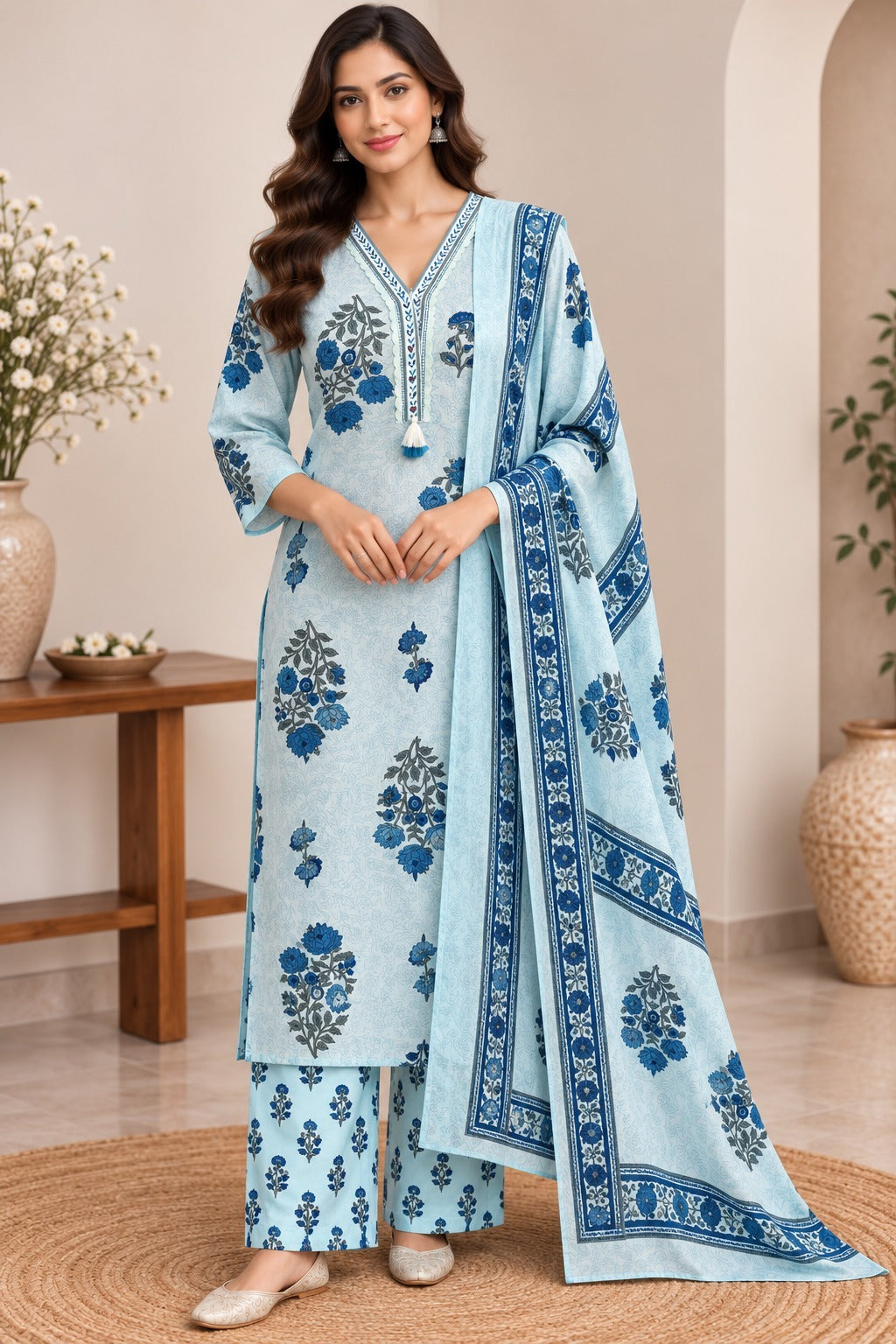 Women's Sky Blue Floral Print Straight Kurta Pant With Dupatta Set