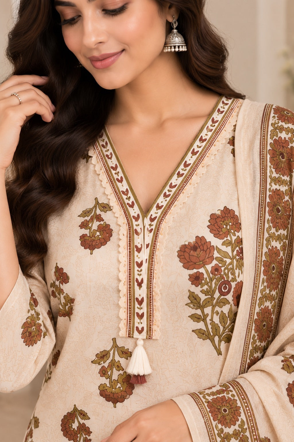 Women's Off-White Floral Print Straight Kurta Pant With Dupatta Set